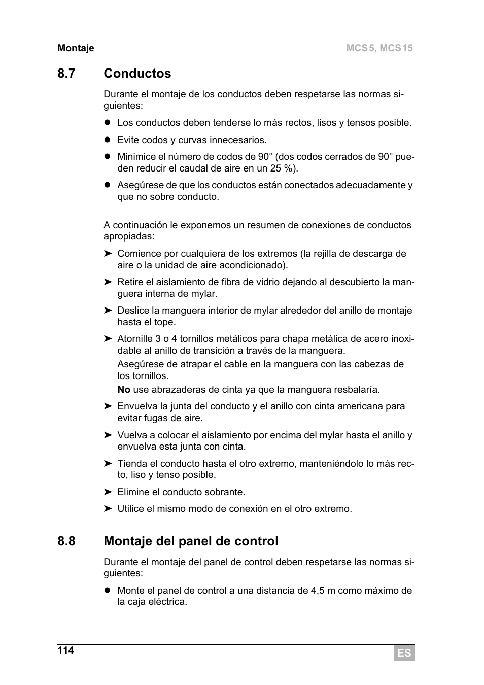 7 conductos, 8 montaje del panel de control | Dometic MCS15 User Manual | Page 114 / 266
