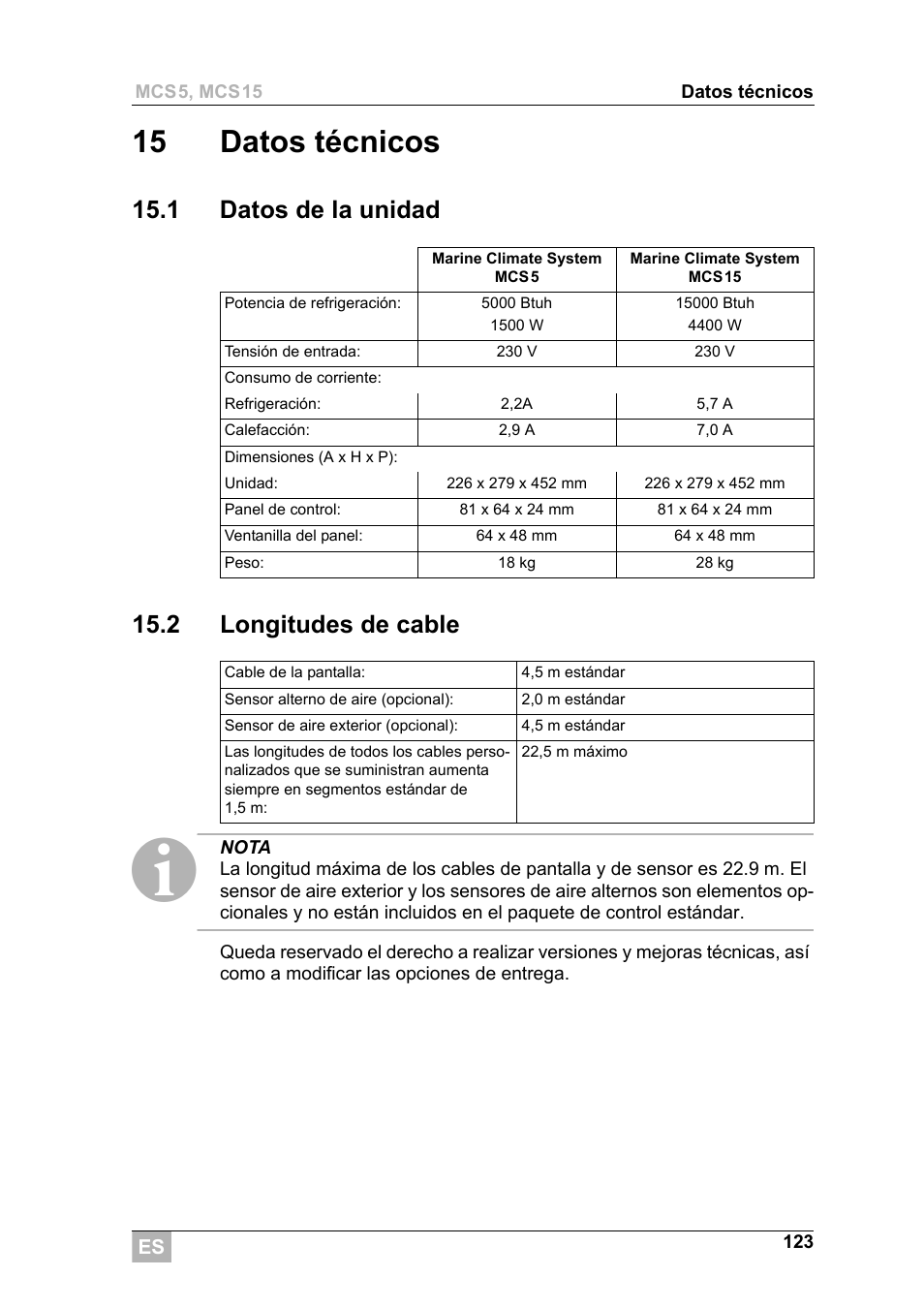 15 datos técnicos, 1 datos de la unidad 15.2 longitudes de cable | Dometic MCS15 User Manual | Page 123 / 266