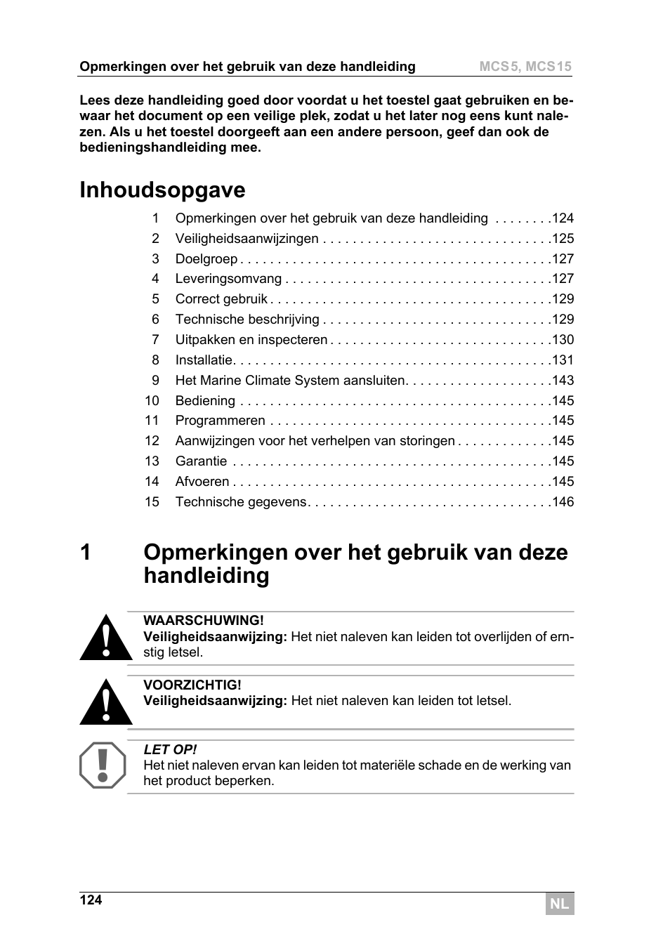 Inhoudsopgave, 1opmerkingen over het gebruik van deze handleiding | Dometic MCS15 User Manual | Page 124 / 266