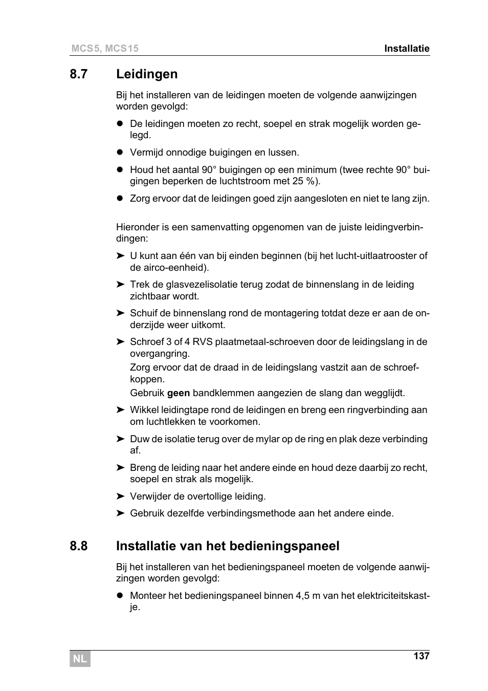 7 leidingen, 8 installatie van het bedieningspaneel | Dometic MCS15 User Manual | Page 137 / 266