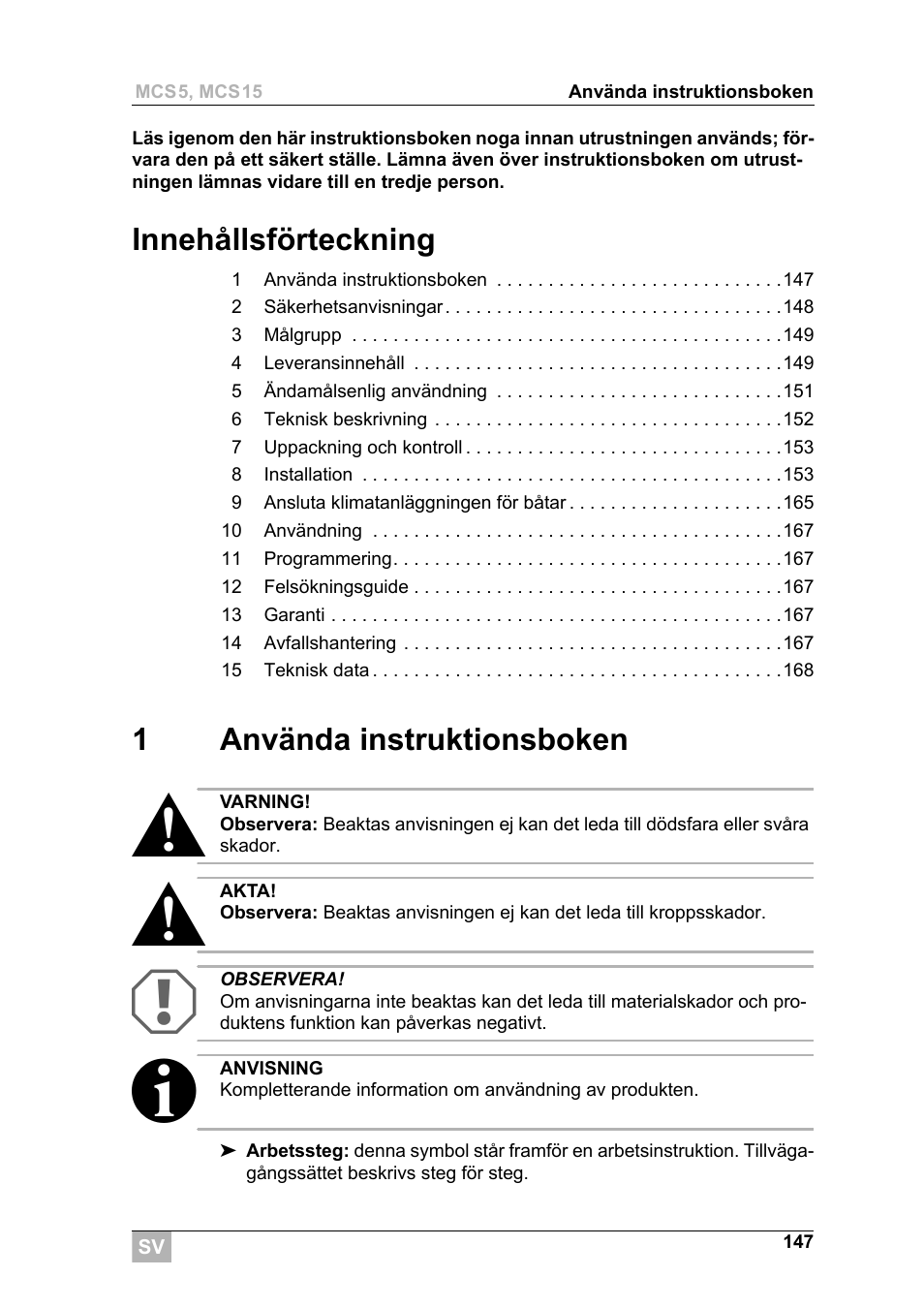 Innehållsförteckning, 1använda instruktionsboken | Dometic MCS15 User Manual | Page 147 / 266