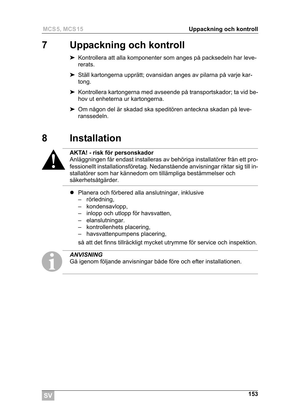 7uppackning och kontroll, 8installation | Dometic MCS15 User Manual | Page 153 / 266