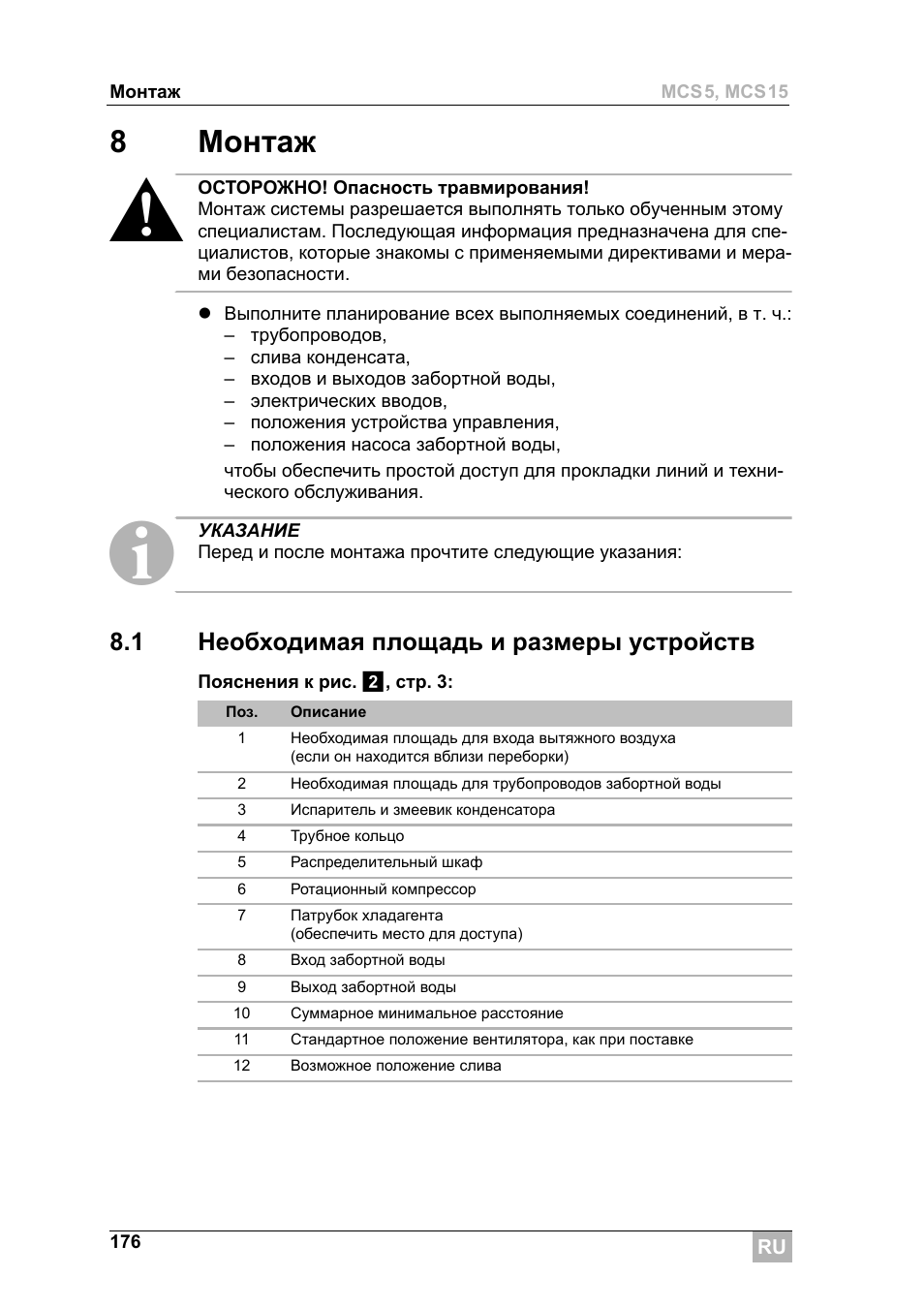 8монтаж, 1 необходимая площадь и размеры устройств | Dometic MCS15 User Manual | Page 176 / 266