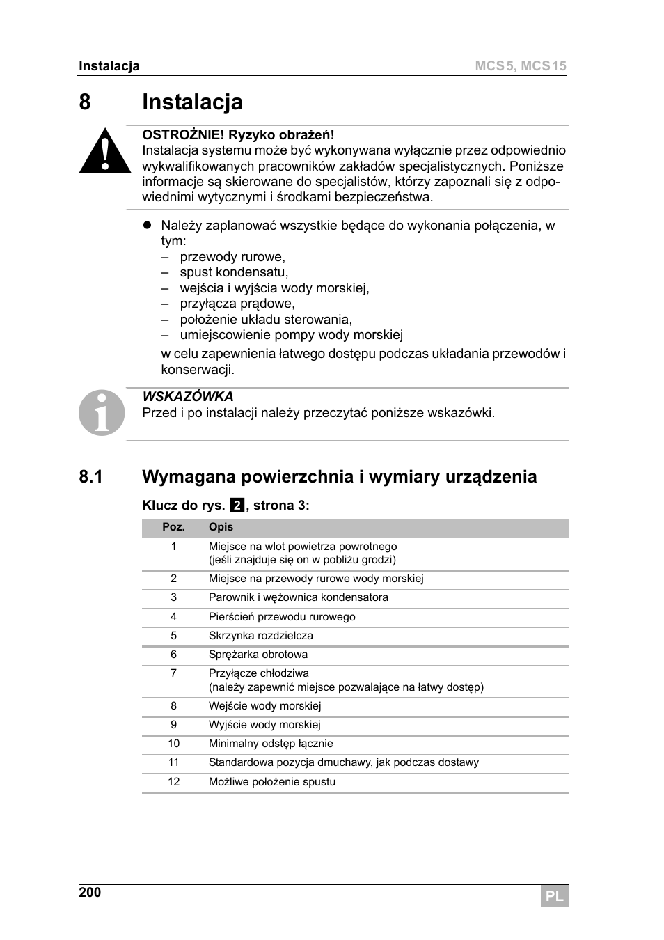 8instalacja, 1 wymagana powierzchnia i wymiary urządzenia | Dometic MCS15 User Manual | Page 200 / 266