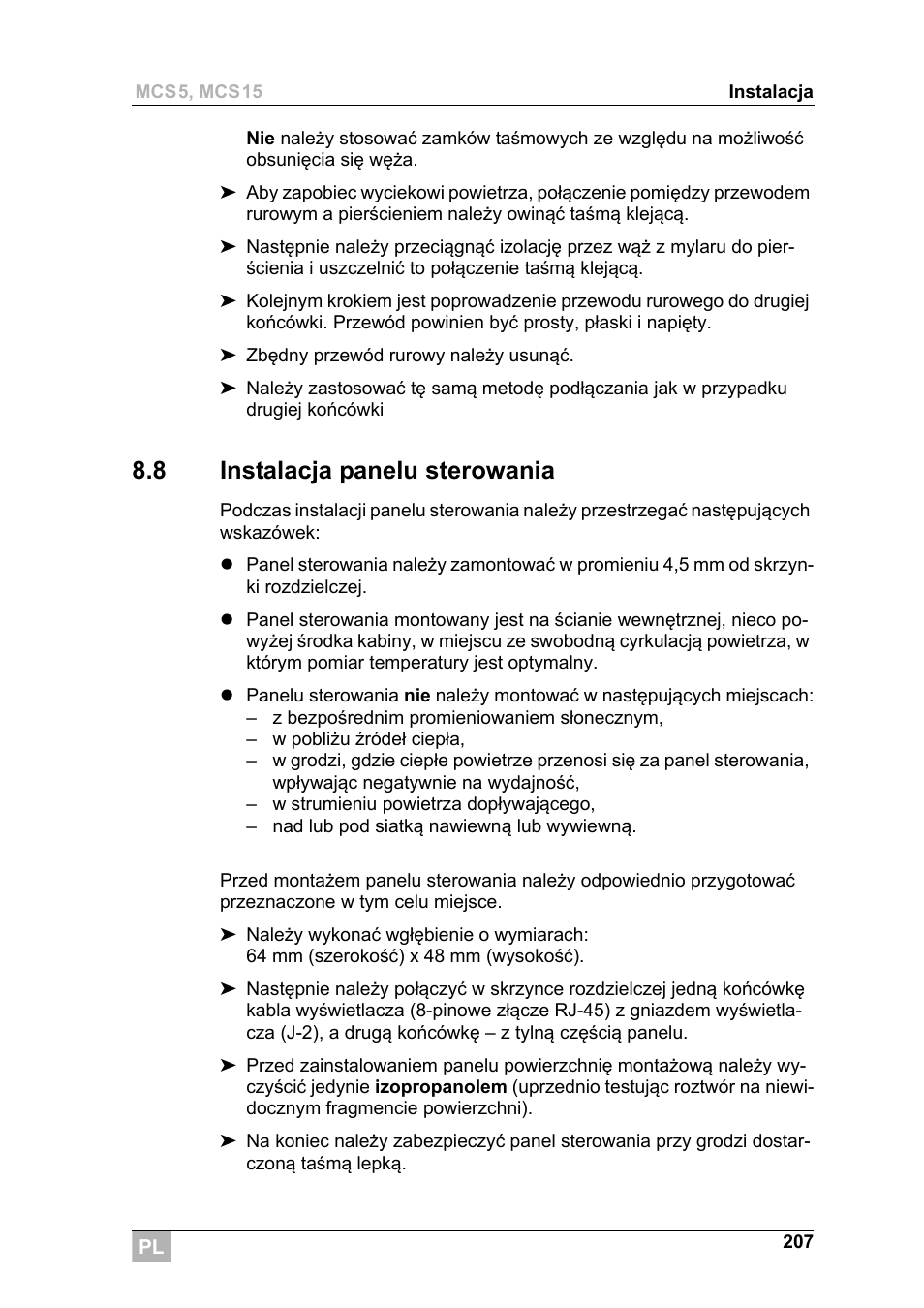 8 instalacja panelu sterowania | Dometic MCS15 User Manual | Page 207 / 266