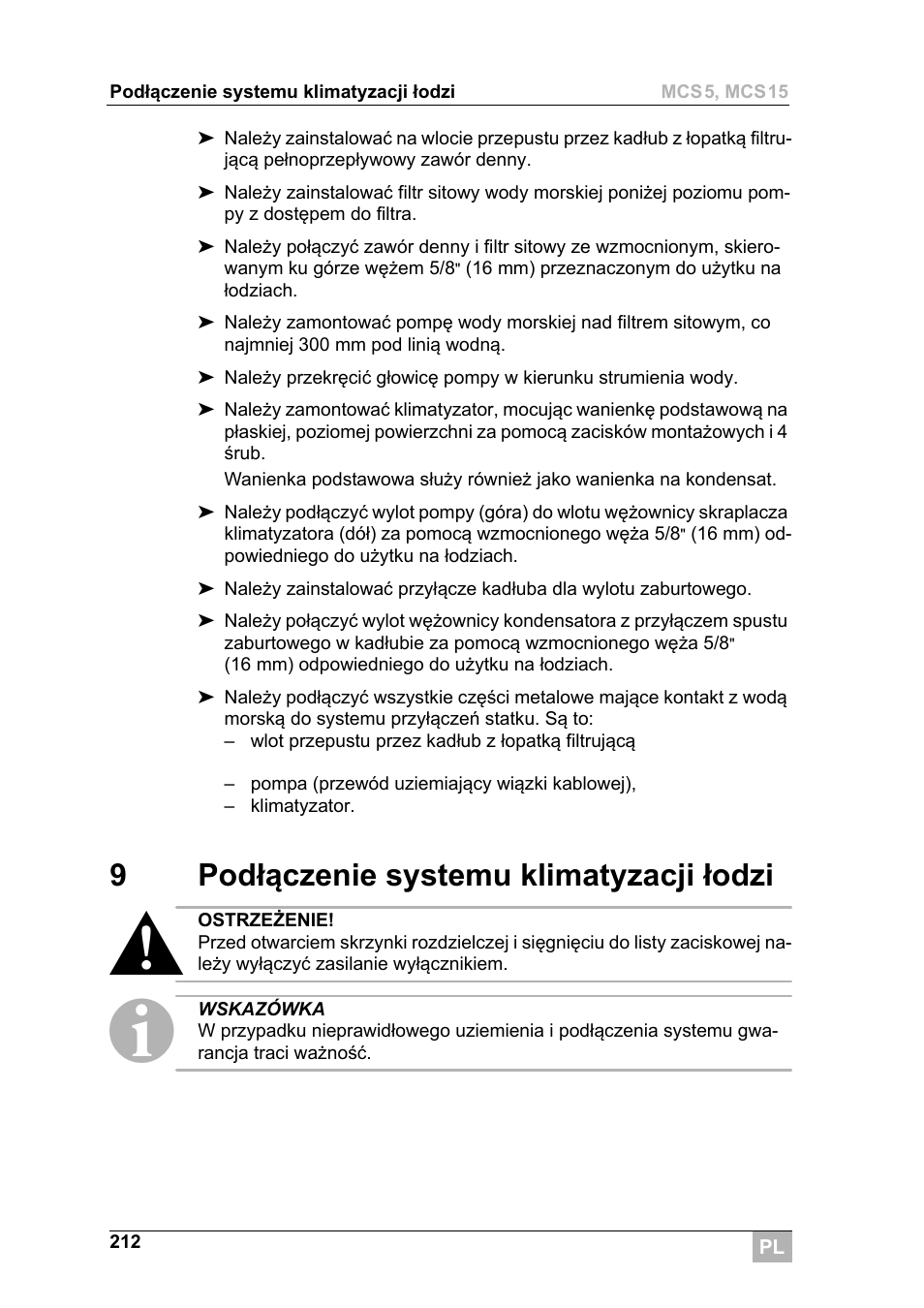 9podłączenie systemu klimatyzacji łodzi | Dometic MCS15 User Manual | Page 212 / 266
