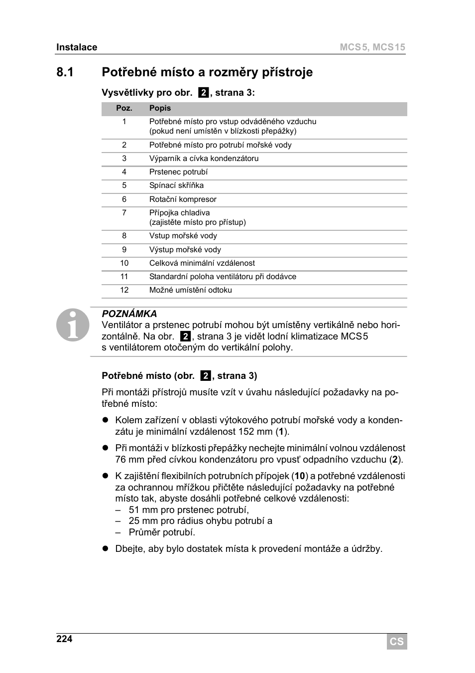 1 potřebné místo a rozměry přístroje | Dometic MCS15 User Manual | Page 224 / 266