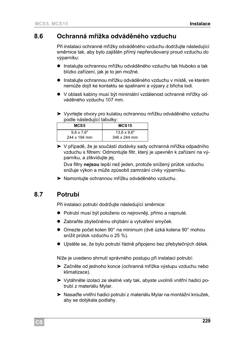 6 ochranná mřížka odváděného vzduchu, 7 potrubí | Dometic MCS15 User Manual | Page 229 / 266