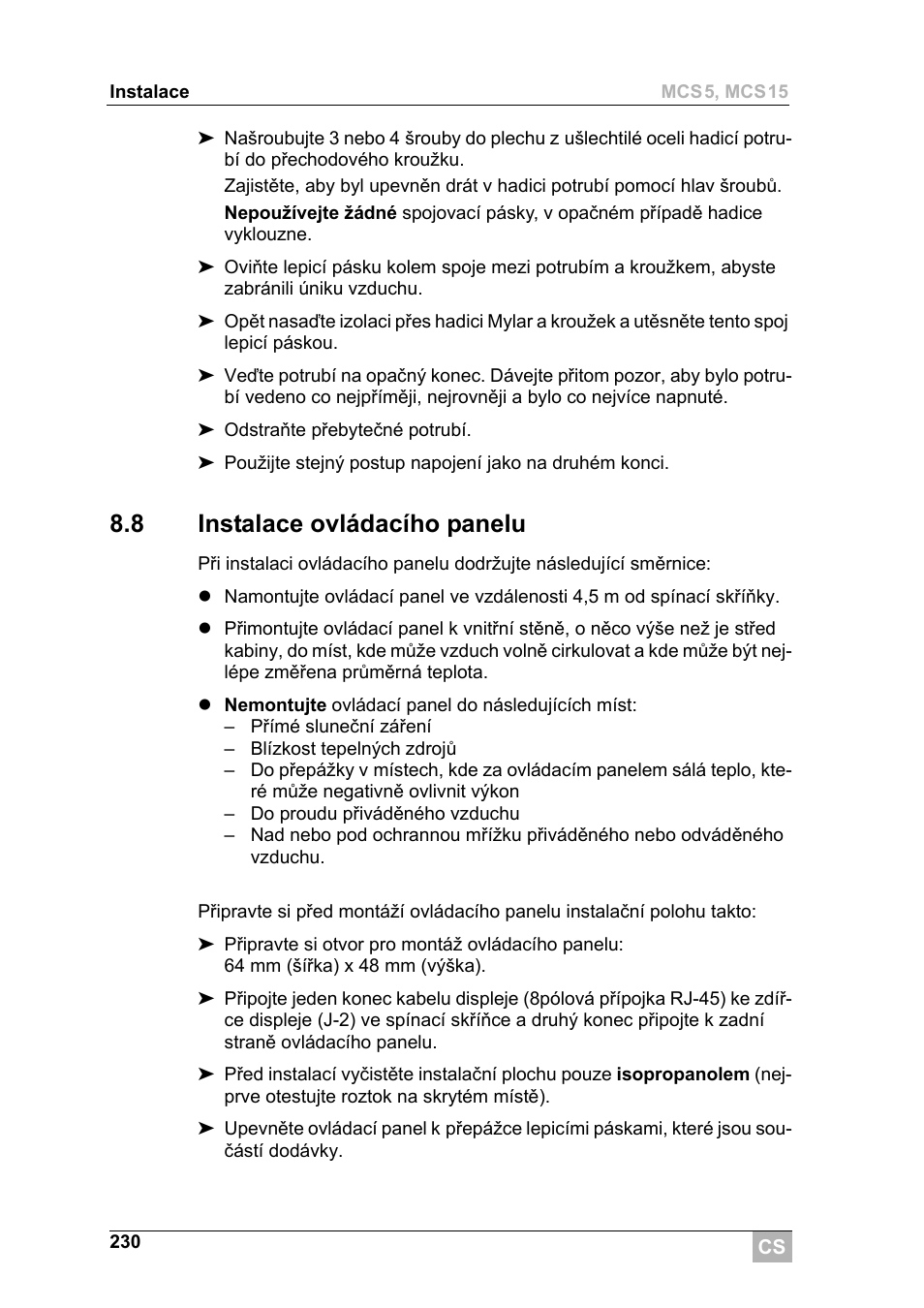8 instalace ovládacího panelu | Dometic MCS15 User Manual | Page 230 / 266