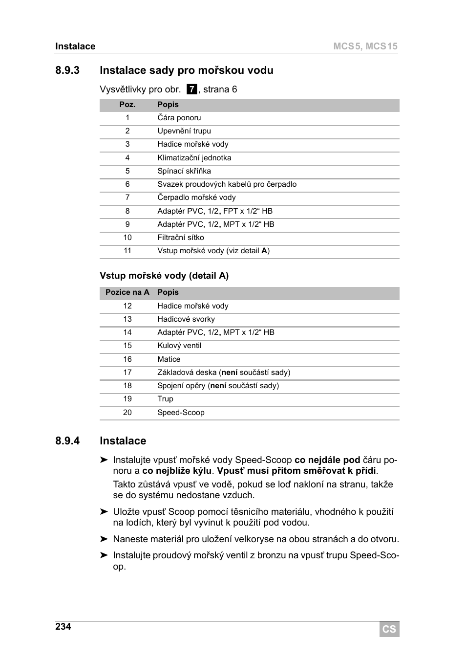 3 instalace sady pro mořskou vodu, 4 instalace | Dometic MCS15 User Manual | Page 234 / 266