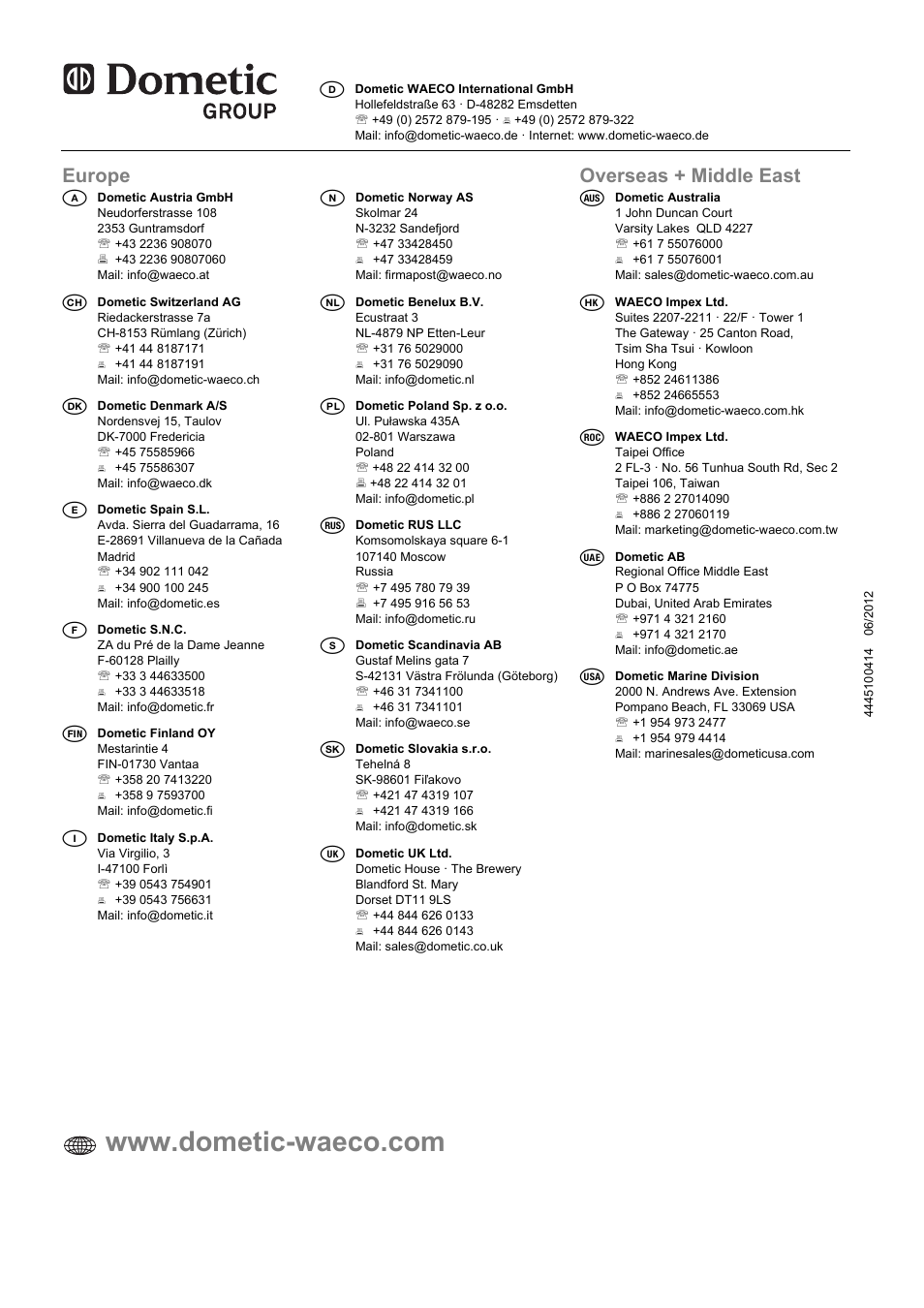 Europe, Overseas + middle east | Dometic MCS15 User Manual | Page 266 / 266