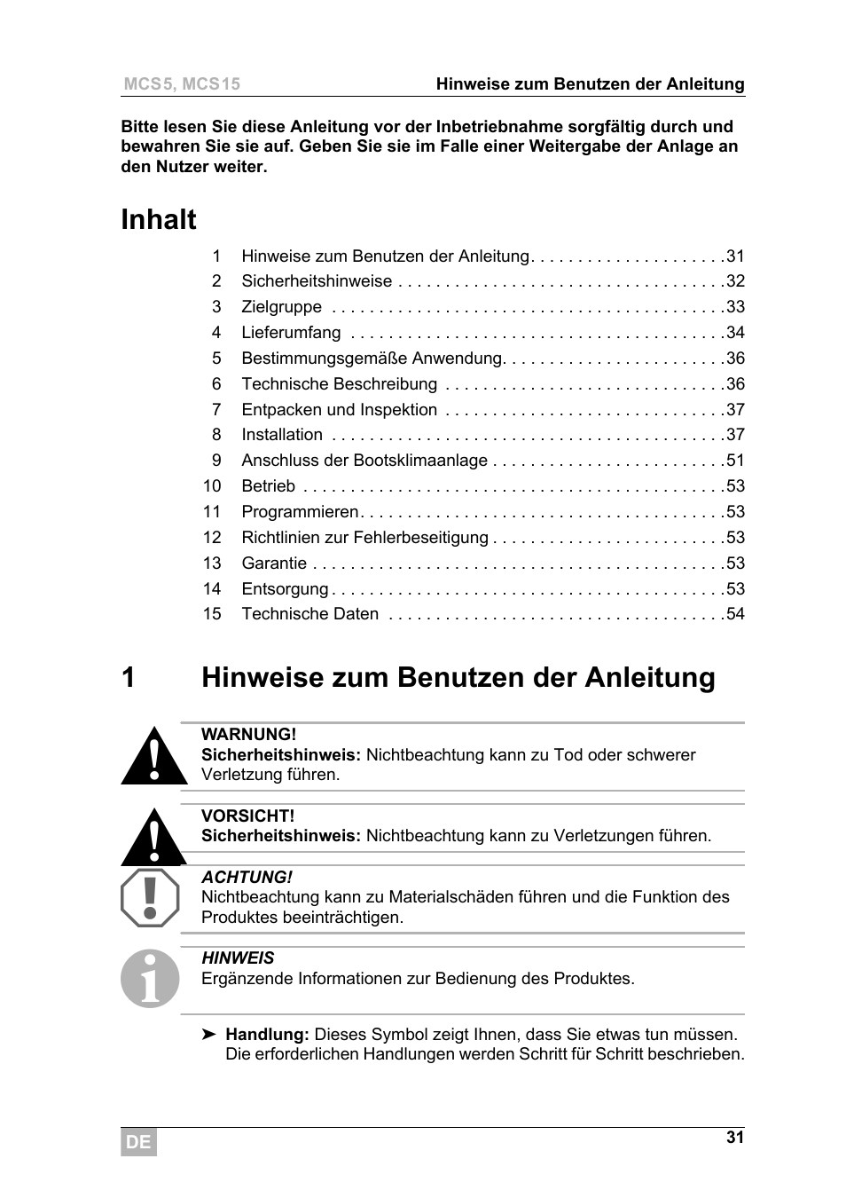 Inhalt, 1hinweise zum benutzen der anleitung | Dometic MCS15 User Manual | Page 31 / 266