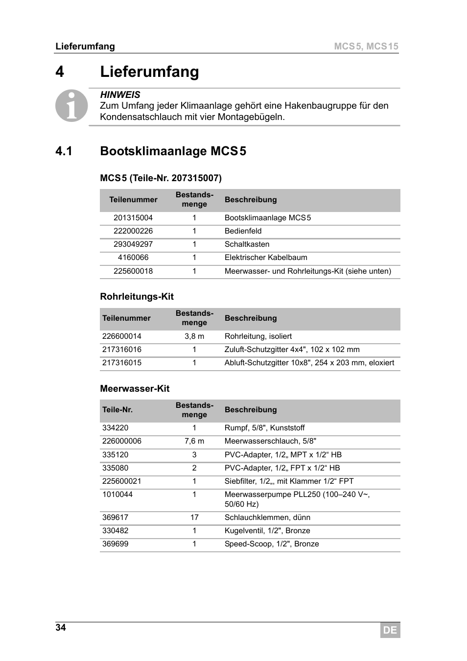 4lieferumfang, 1 bootsklimaanlage mcs5 | Dometic MCS15 User Manual | Page 34 / 266