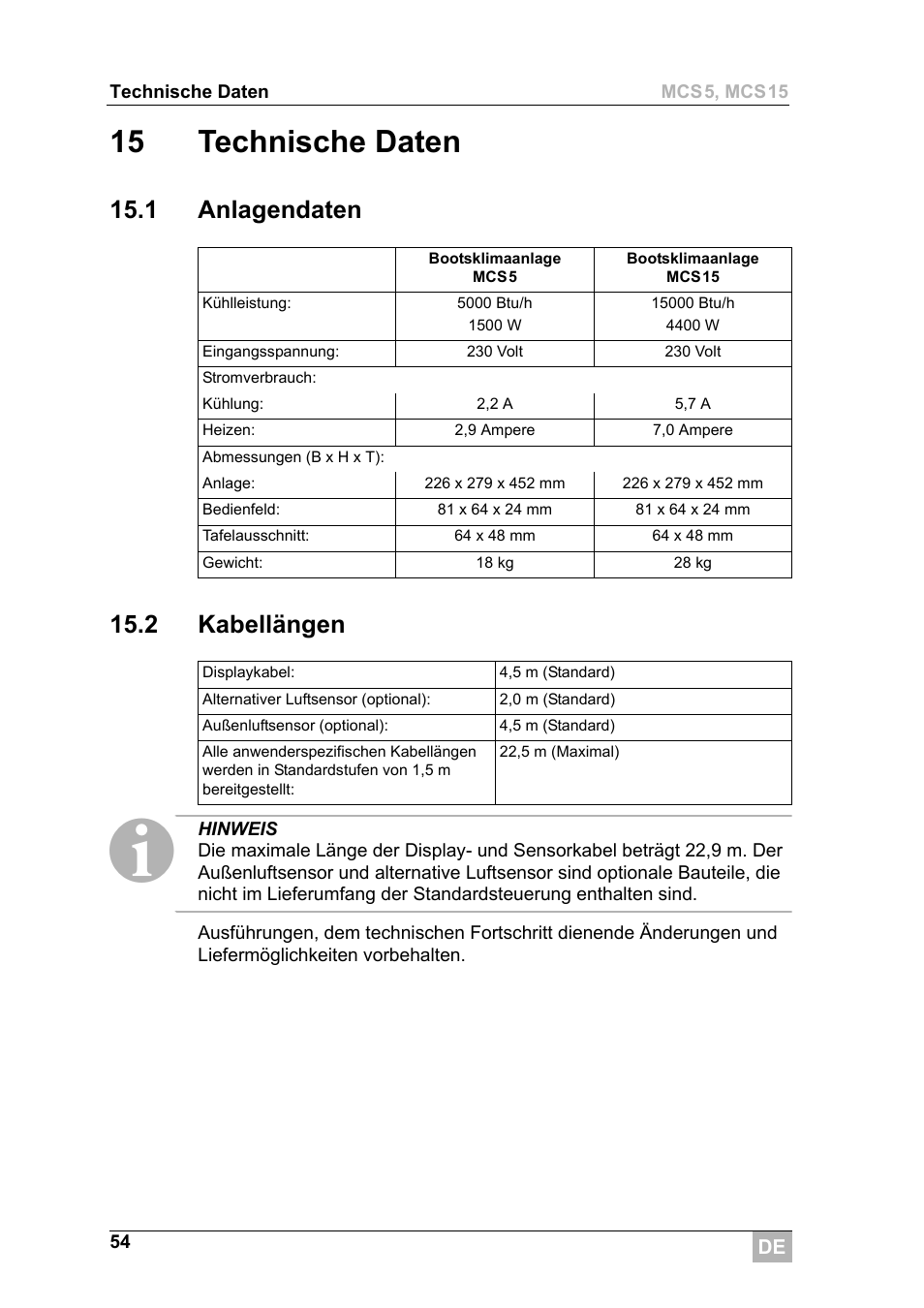 15 technische daten, 1 anlagendaten 15.2 kabellängen | Dometic MCS15 User Manual | Page 54 / 266