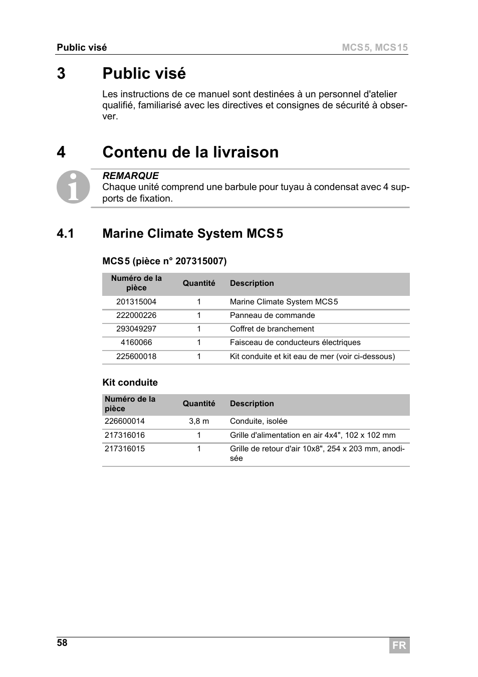 3public visé, 4contenu de la livraison, 1 marine climate system mcs5 | Dometic MCS15 User Manual | Page 58 / 266