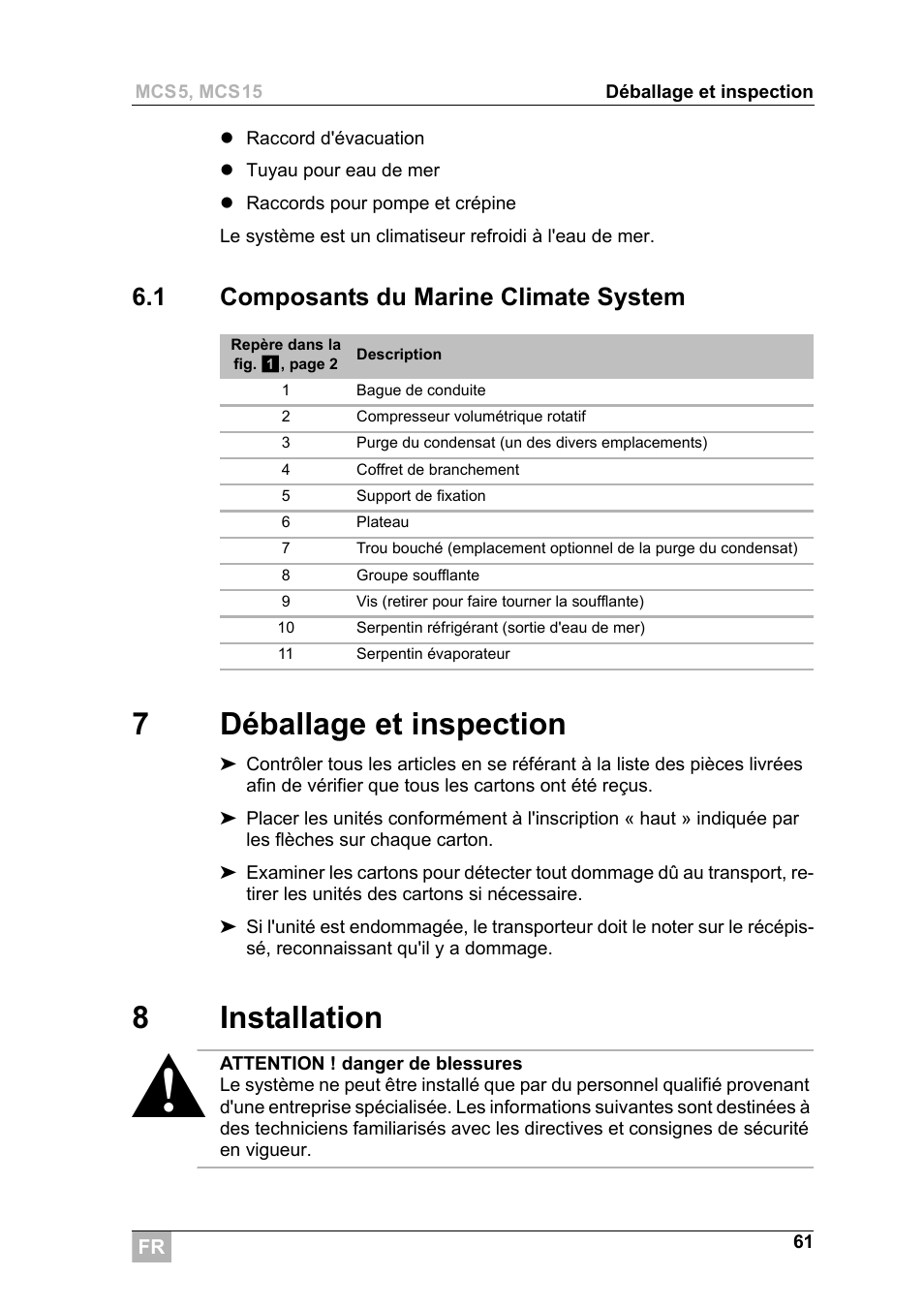 7déballage et inspection, 8installation, 1 composants du marine climate system | Dometic MCS15 User Manual | Page 61 / 266