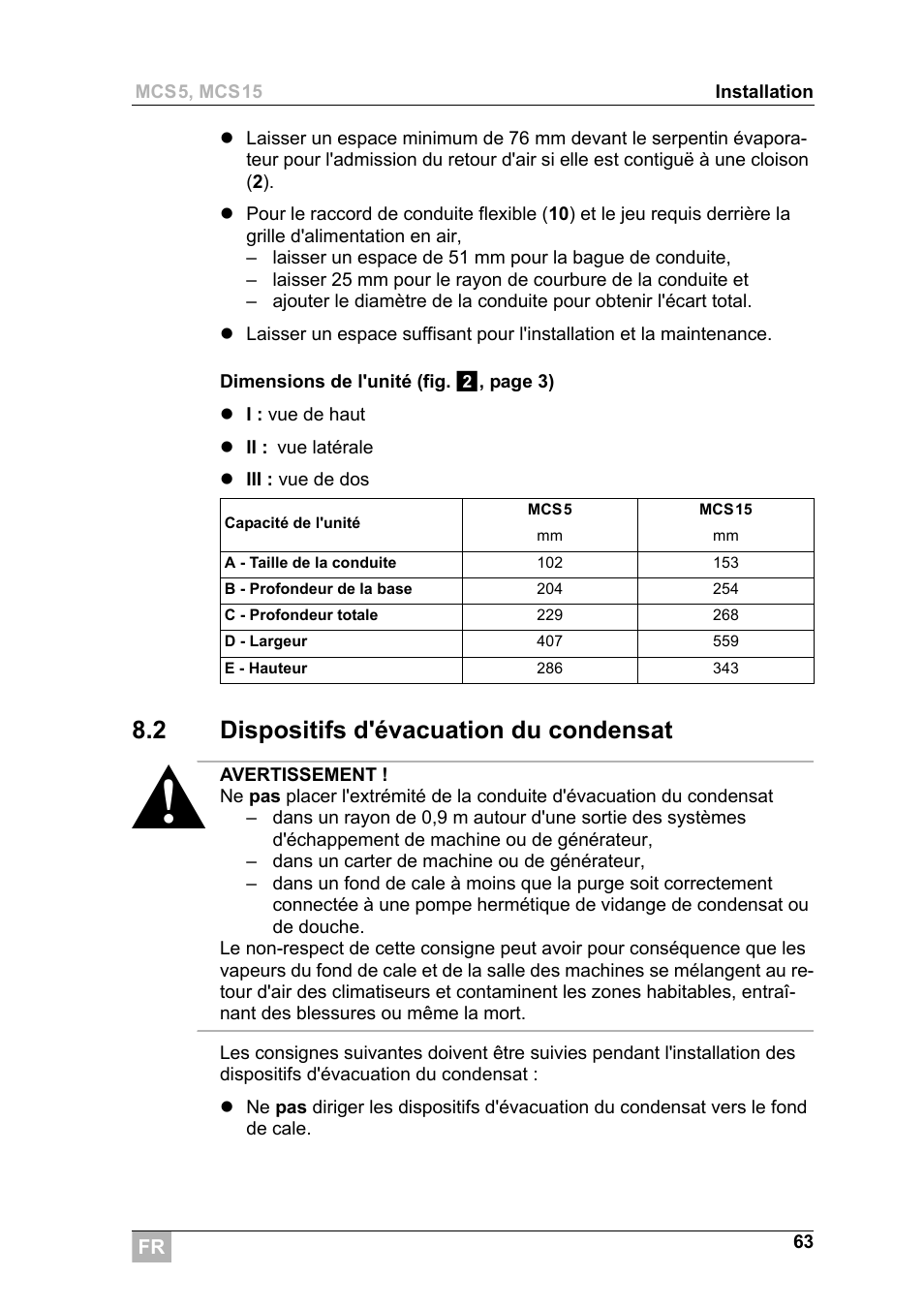 2 dispositifs d'évacuation du condensat | Dometic MCS15 User Manual | Page 63 / 266