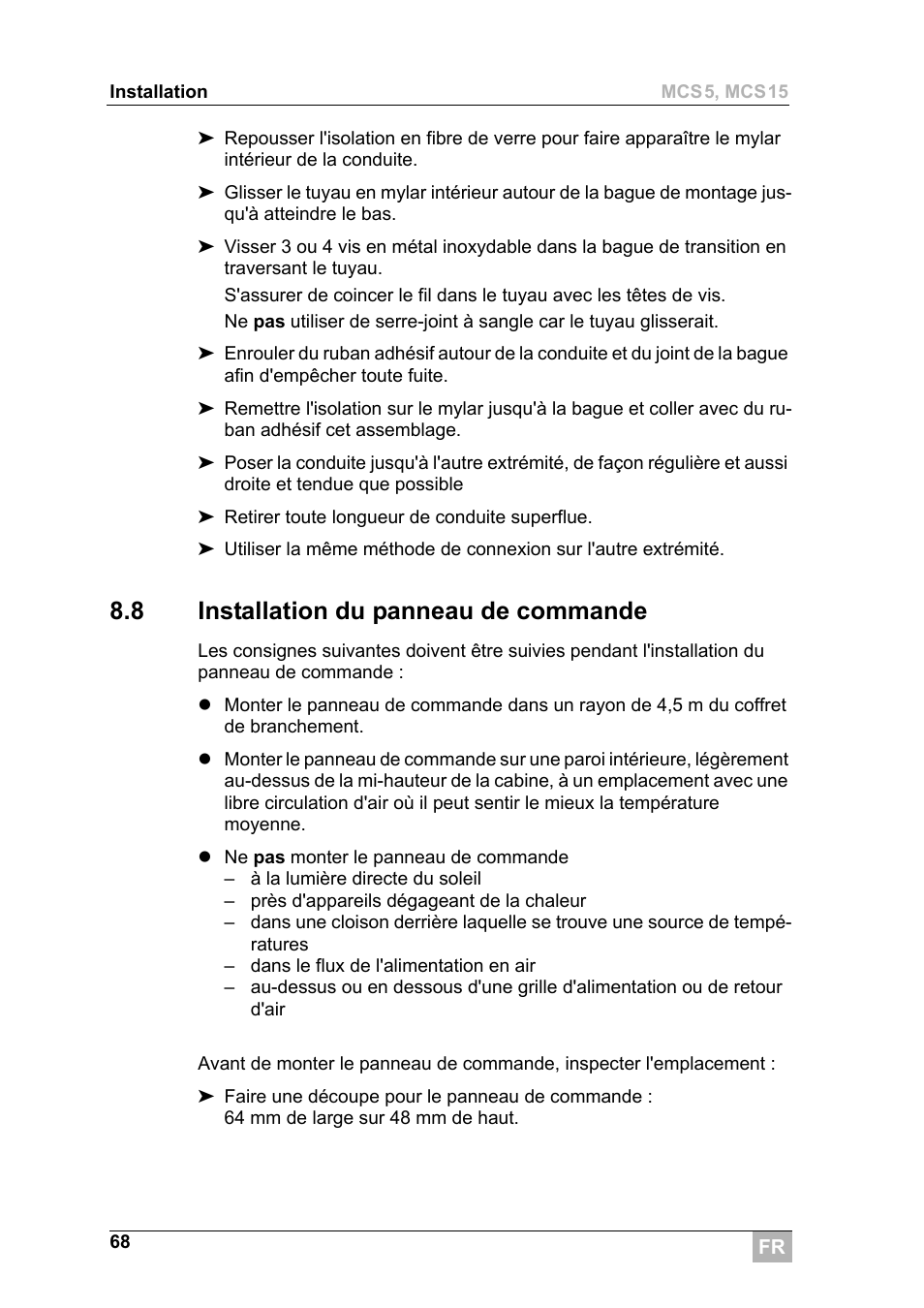 8 installation du panneau de commande | Dometic MCS15 User Manual | Page 68 / 266