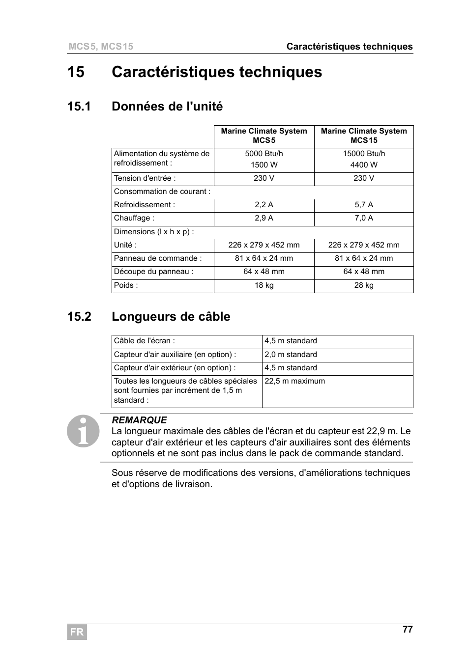 15 caractéristiques techniques, 1 données de l'unité 15.2 longueurs de câble | Dometic MCS15 User Manual | Page 77 / 266