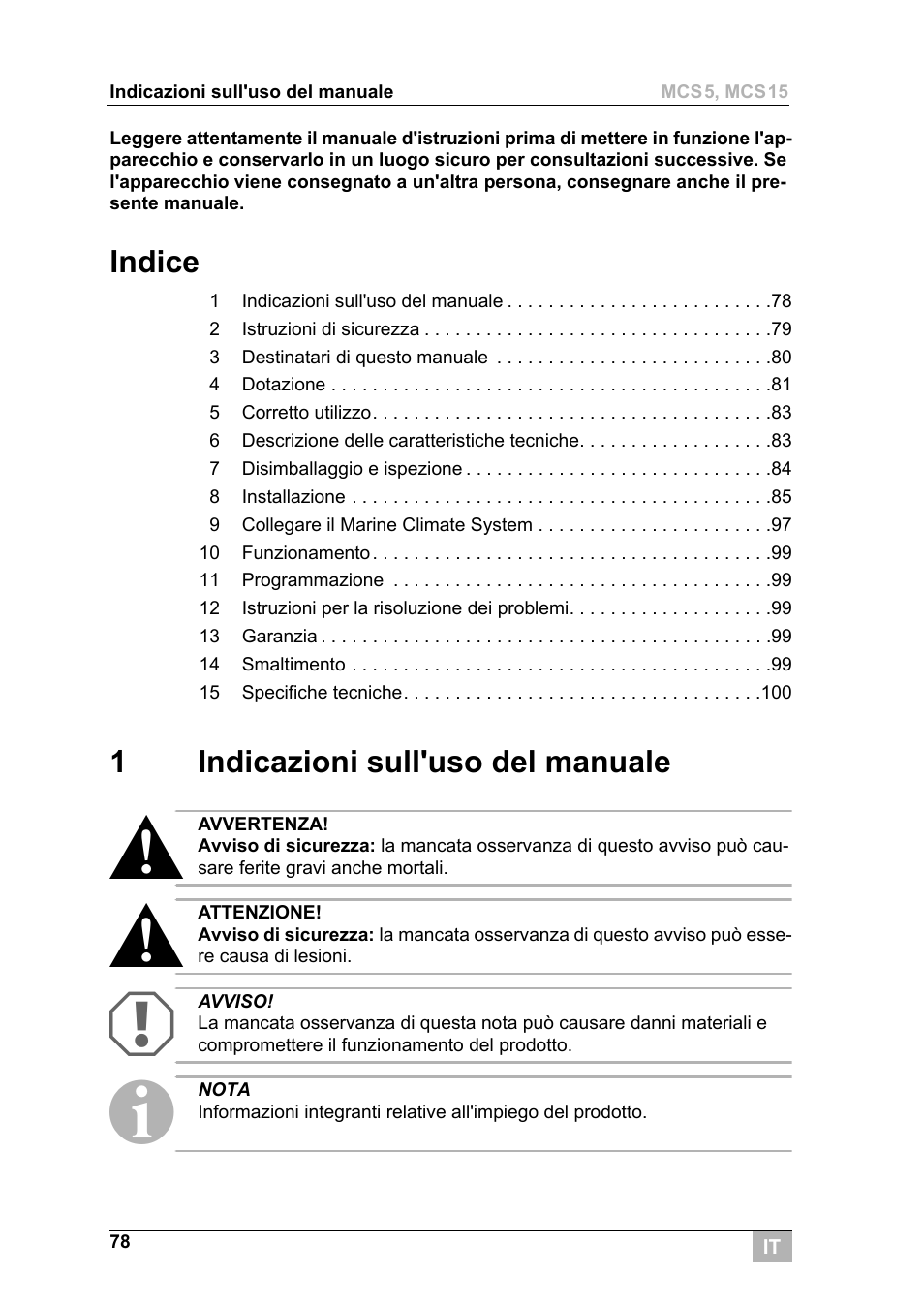 Indice, 1indicazioni sull'uso del manuale | Dometic MCS15 User Manual | Page 78 / 266