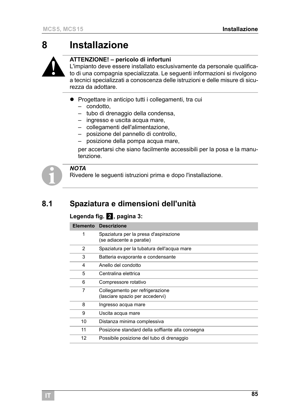 8installazione, 1 spaziatura e dimensioni dell'unità | Dometic MCS15 User Manual | Page 85 / 266