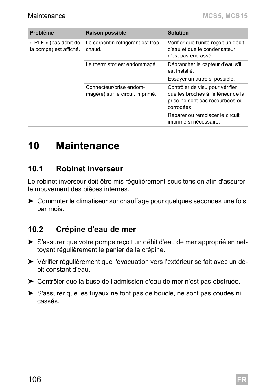10 maintenance, 1 robinet inverseur, 2 crépine d'eau de mer | Dometic MCS15 User Manual | Page 106 / 412