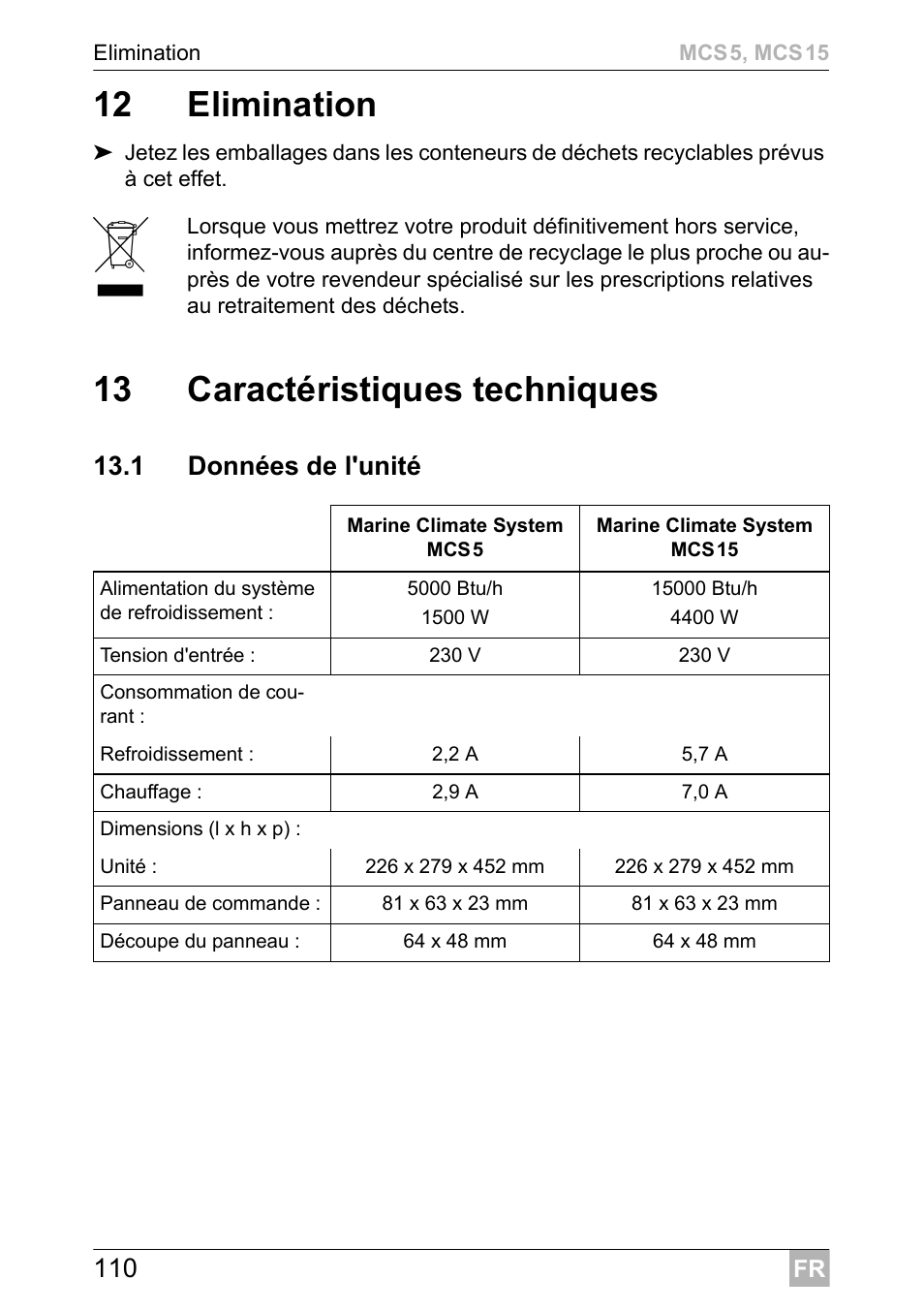 12 elimination, 13 caractéristiques techniques | Dometic MCS15 User Manual | Page 110 / 412