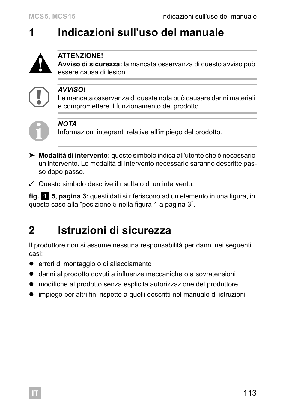 1indicazioni sull'uso del manuale, 2istruzioni di sicurezza | Dometic MCS15 User Manual | Page 113 / 412