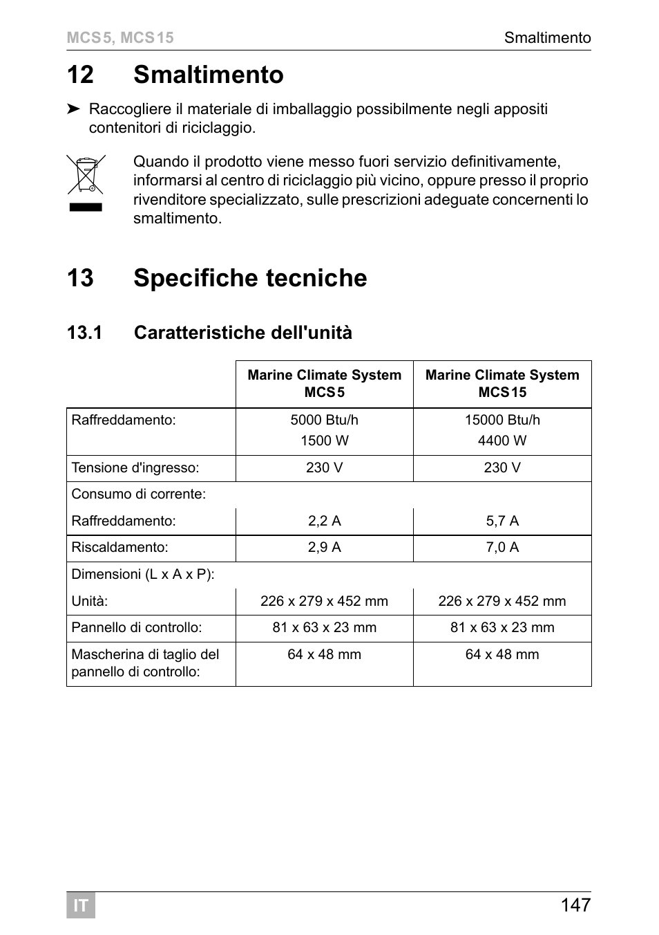 12 smaltimento, 13 specifiche tecniche | Dometic MCS15 User Manual | Page 147 / 412