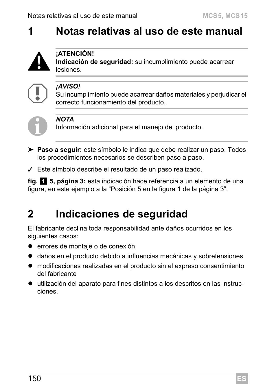 1notas relativas al uso de este manual, 2indicaciones de seguridad | Dometic MCS15 User Manual | Page 150 / 412