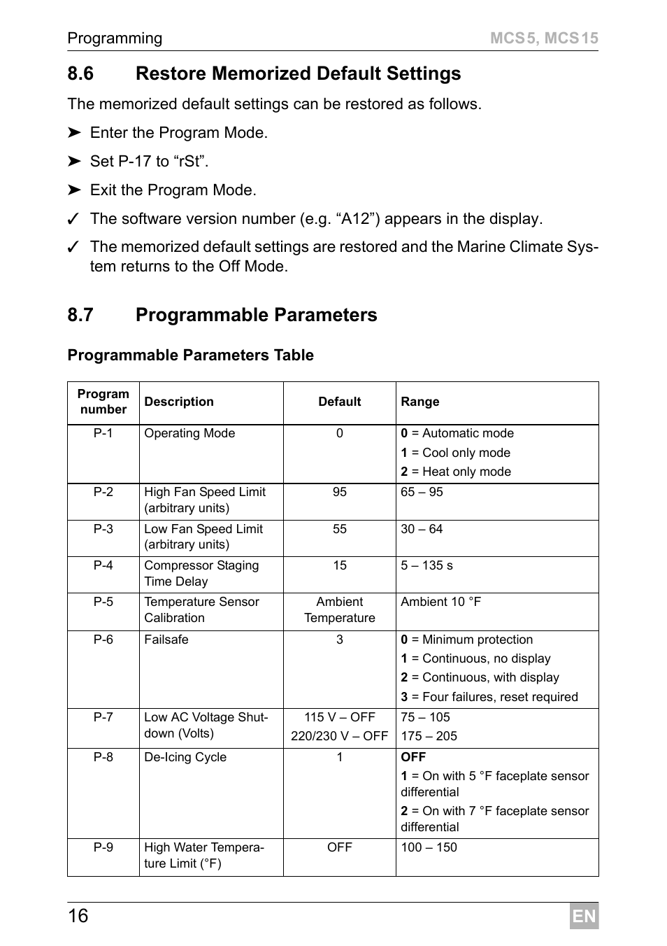 7 programmable parameters | Dometic MCS15 User Manual | Page 16 / 412