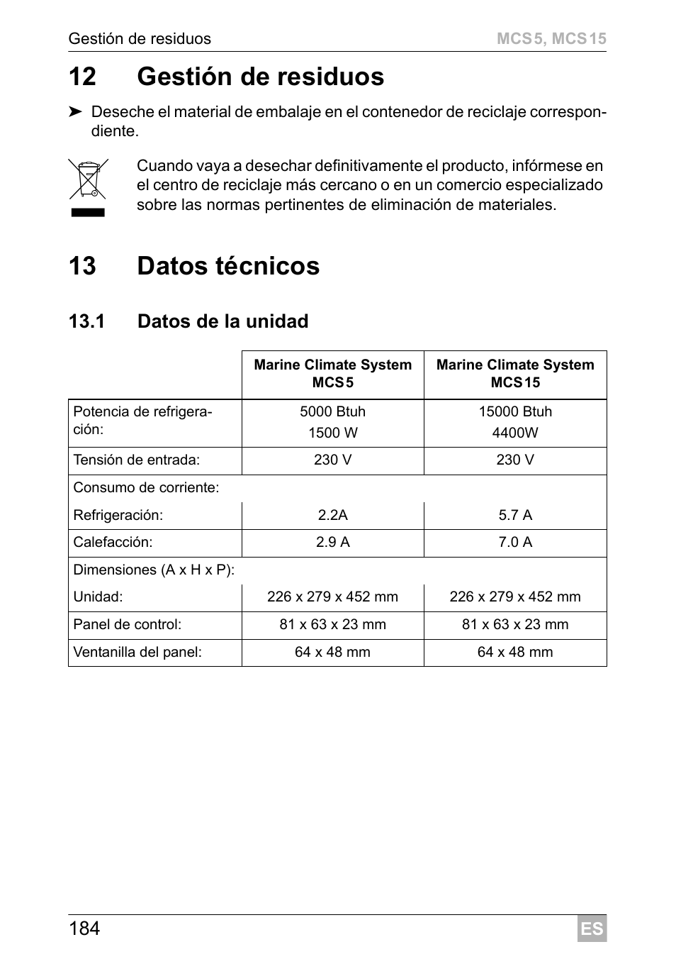 12 gestión de residuos, 13 datos técnicos | Dometic MCS15 User Manual | Page 184 / 412