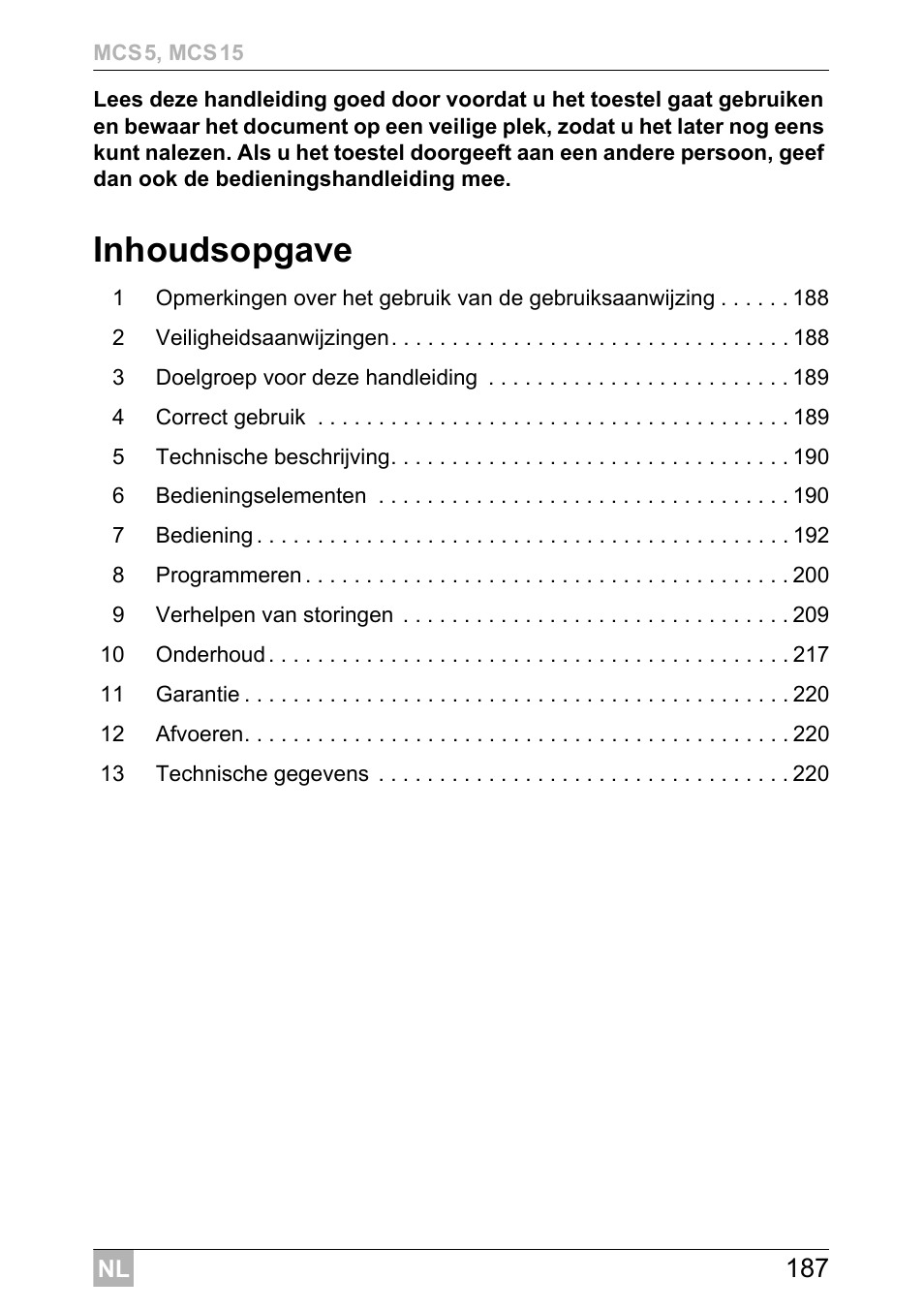 Inhoudsopgave | Dometic MCS15 User Manual | Page 187 / 412