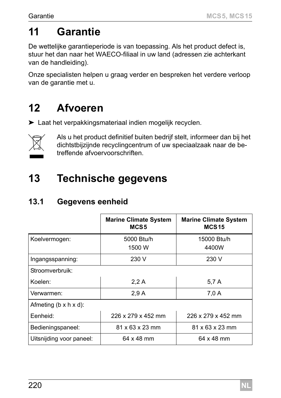 11 garantie, 12 afvoeren, 13 technische gegevens | Dometic MCS15 User Manual | Page 220 / 412