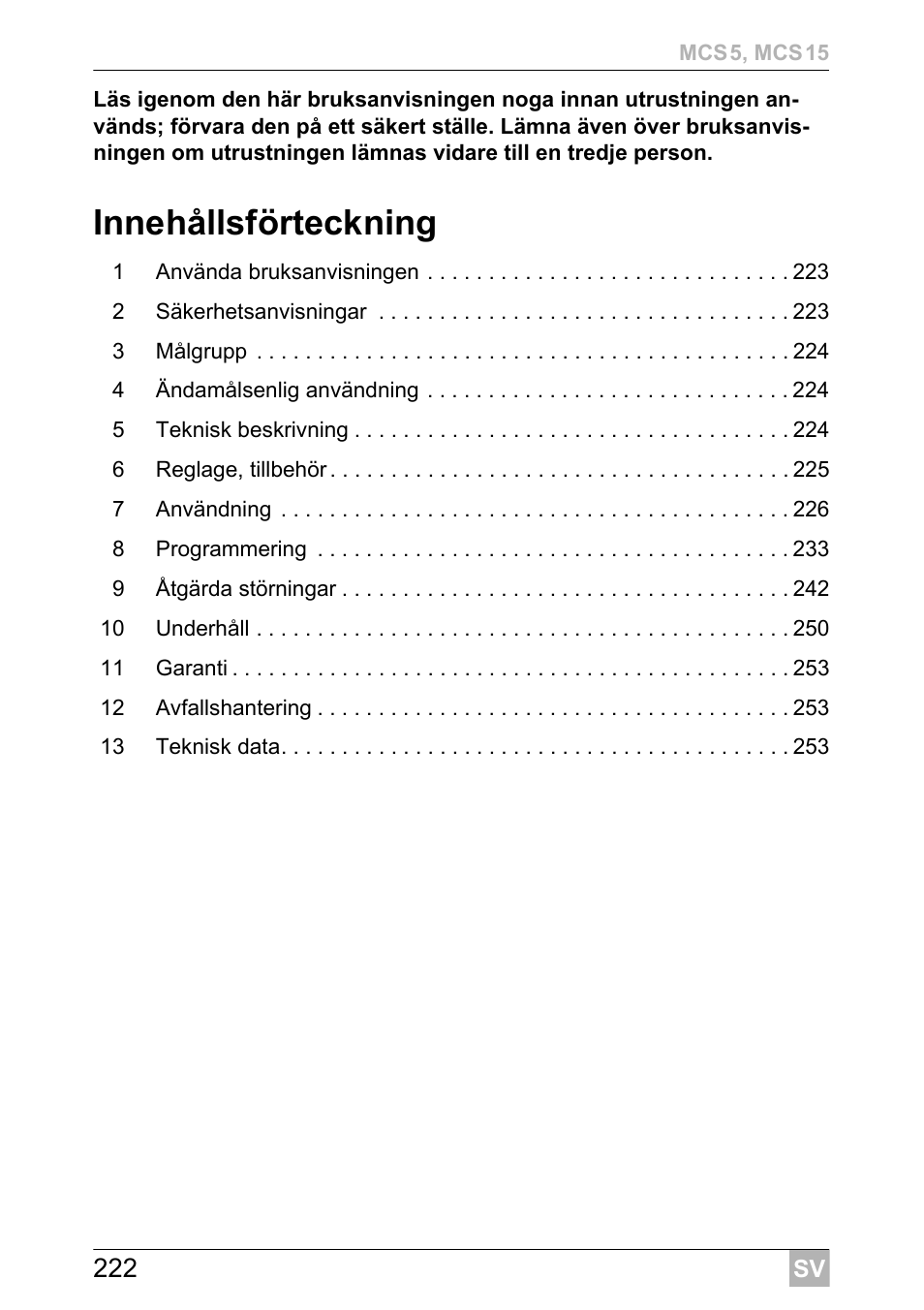Innehållsförteckning | Dometic MCS15 User Manual | Page 222 / 412
