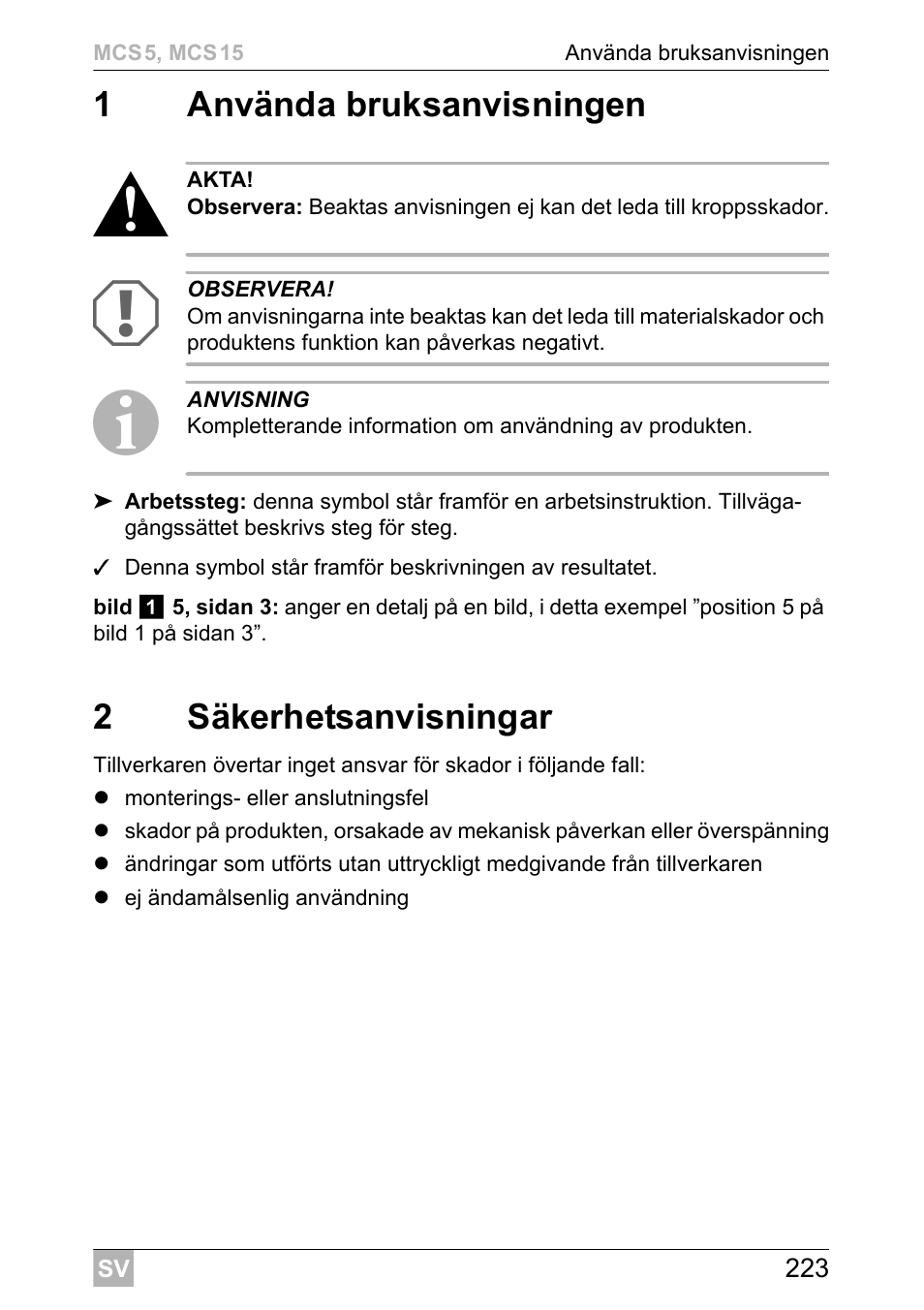 1använda bruksanvisningen, 2säkerhetsanvisningar | Dometic MCS15 User Manual | Page 223 / 412