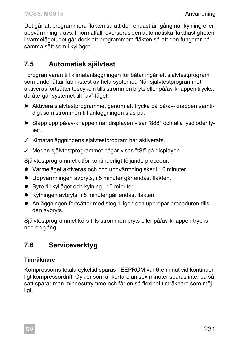 5 automatisk självtest, 6 serviceverktyg | Dometic MCS15 User Manual | Page 231 / 412