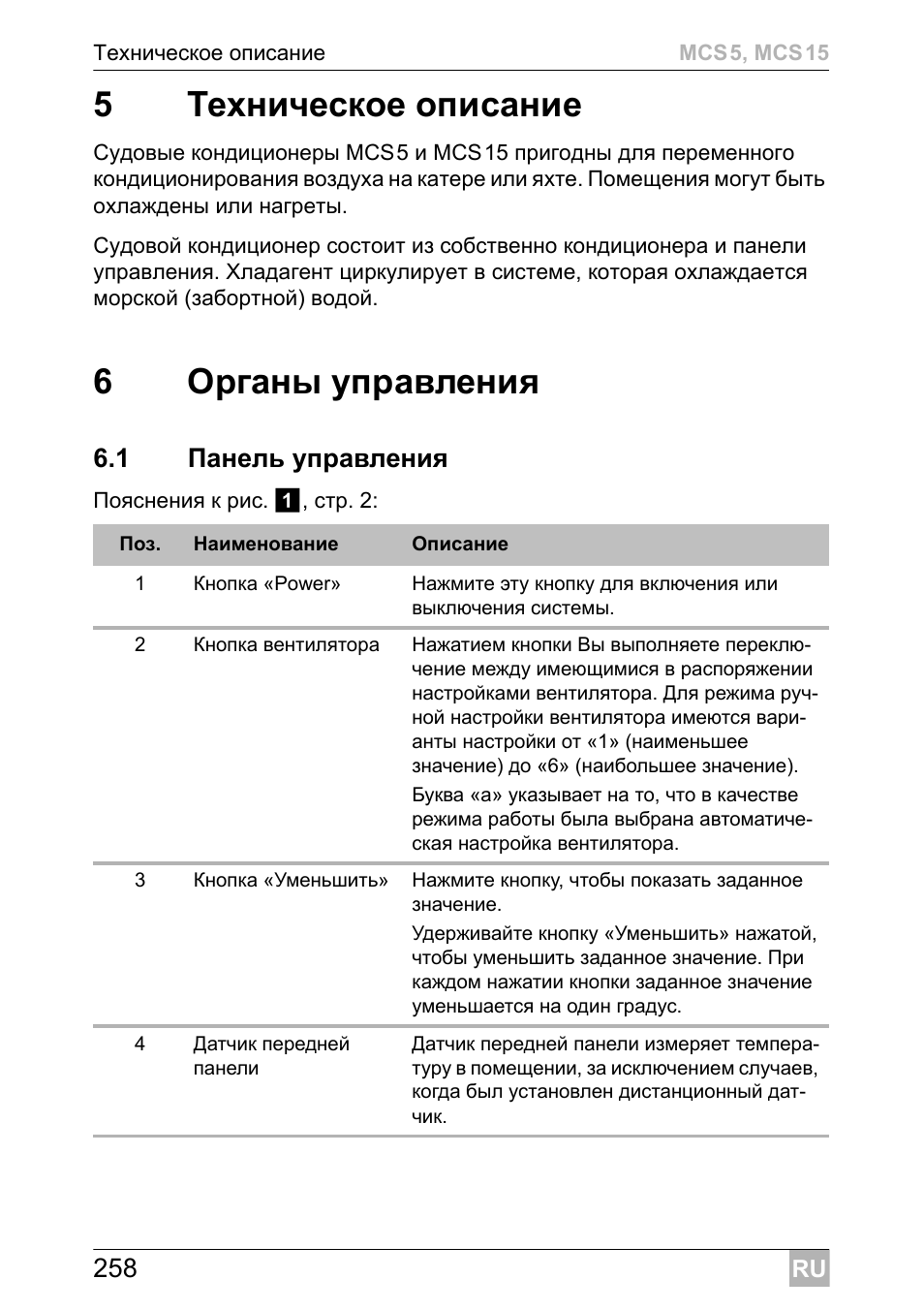 5техническое описание, 6органы управления, 1 панель управления | Dometic MCS15 User Manual | Page 258 / 412
