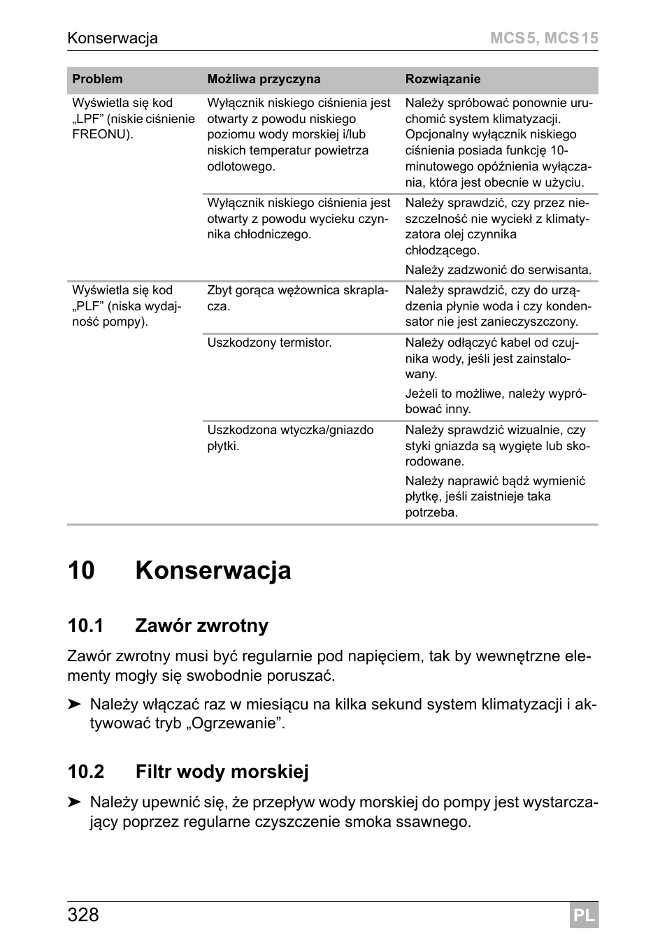 10 konserwacja, 1 zawór zwrotny, 2 filtr wody morskiej | Dometic MCS15 User Manual | Page 328 / 412