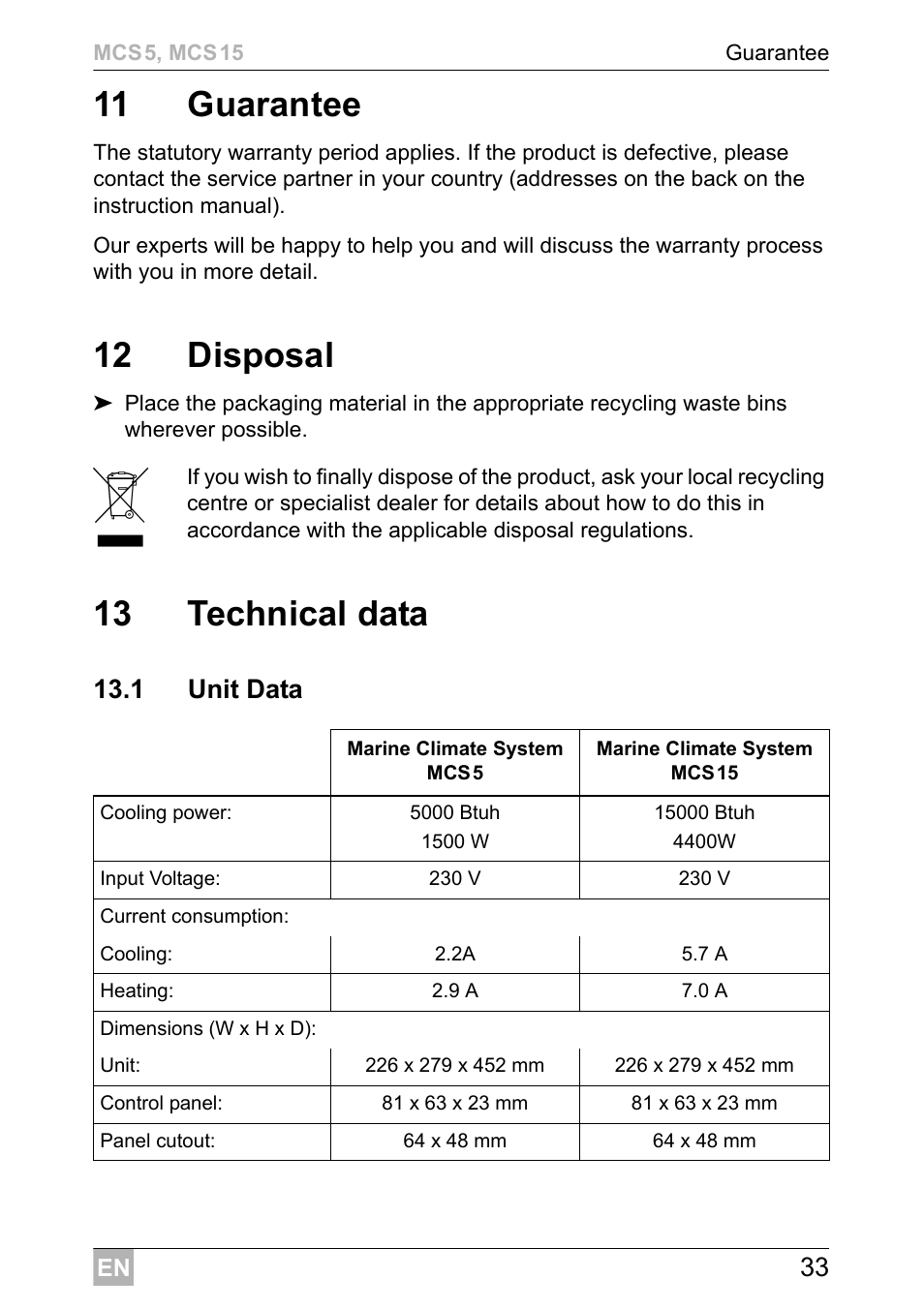 11 guarantee, 12 disposal, 13 technical data | Dometic MCS15 User Manual | Page 33 / 412