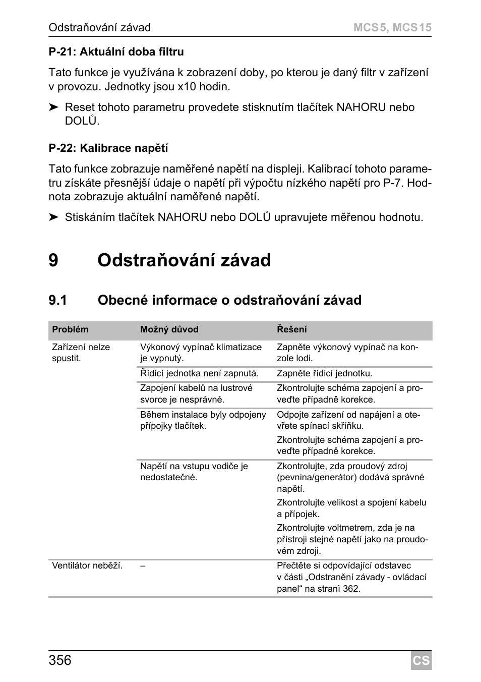 9odstraňování závad, 1 obecné informace o odstraňování závad | Dometic MCS15 User Manual | Page 356 / 412