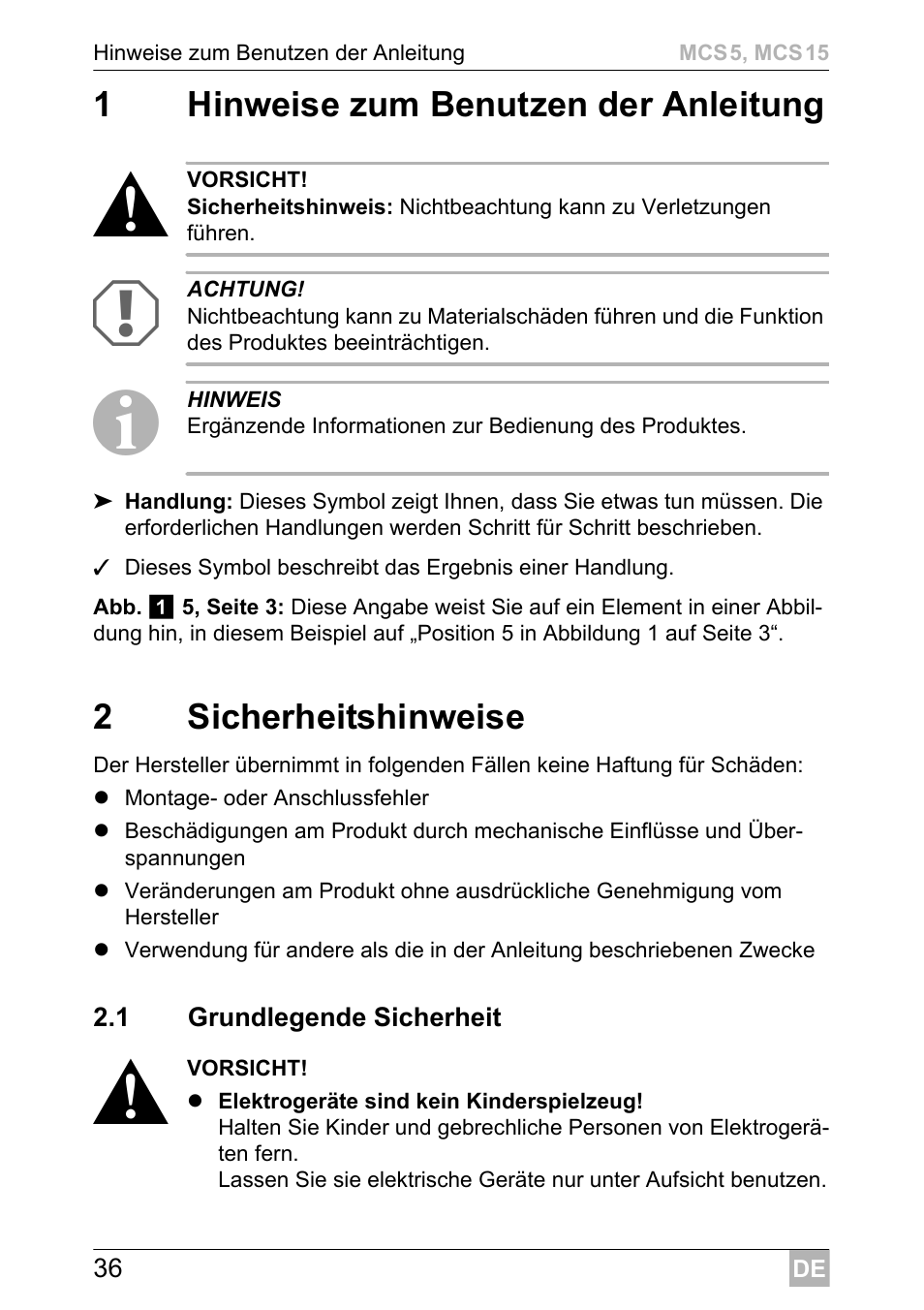 1hinweise zum benutzen der anleitung, 2sicherheitshinweise | Dometic MCS15 User Manual | Page 36 / 412