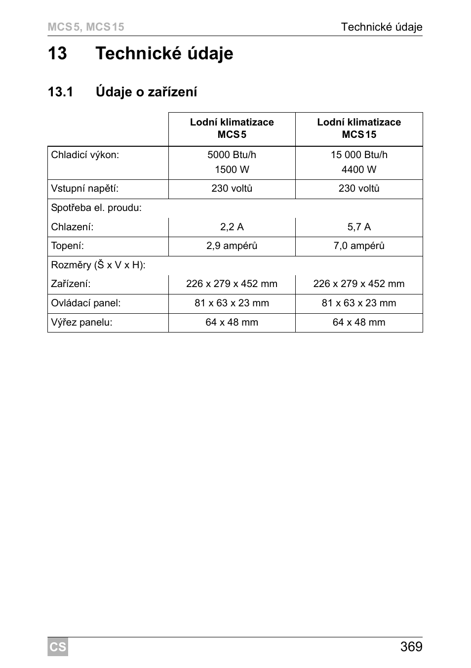 13 technické údaje, 1 údaje o zařízení | Dometic MCS15 User Manual | Page 369 / 412