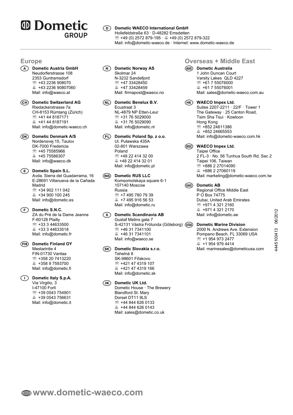 Europe, Overseas + middle east | Dometic MCS15 User Manual | Page 412 / 412