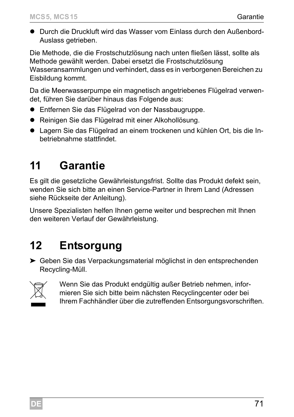 11 garantie, 12 entsorgung | Dometic MCS15 User Manual | Page 71 / 412