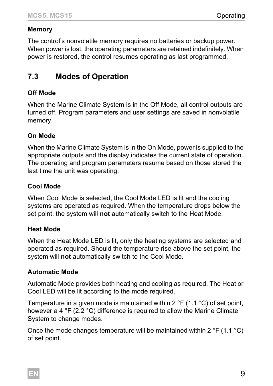 3 modes of operation | Dometic MCS15 User Manual | Page 9 / 412