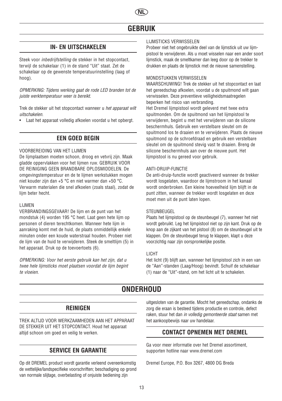 Gebruik, Onderhoud | Dremel Клеевой пистолет DREMEL User Manual | Page 13 / 50