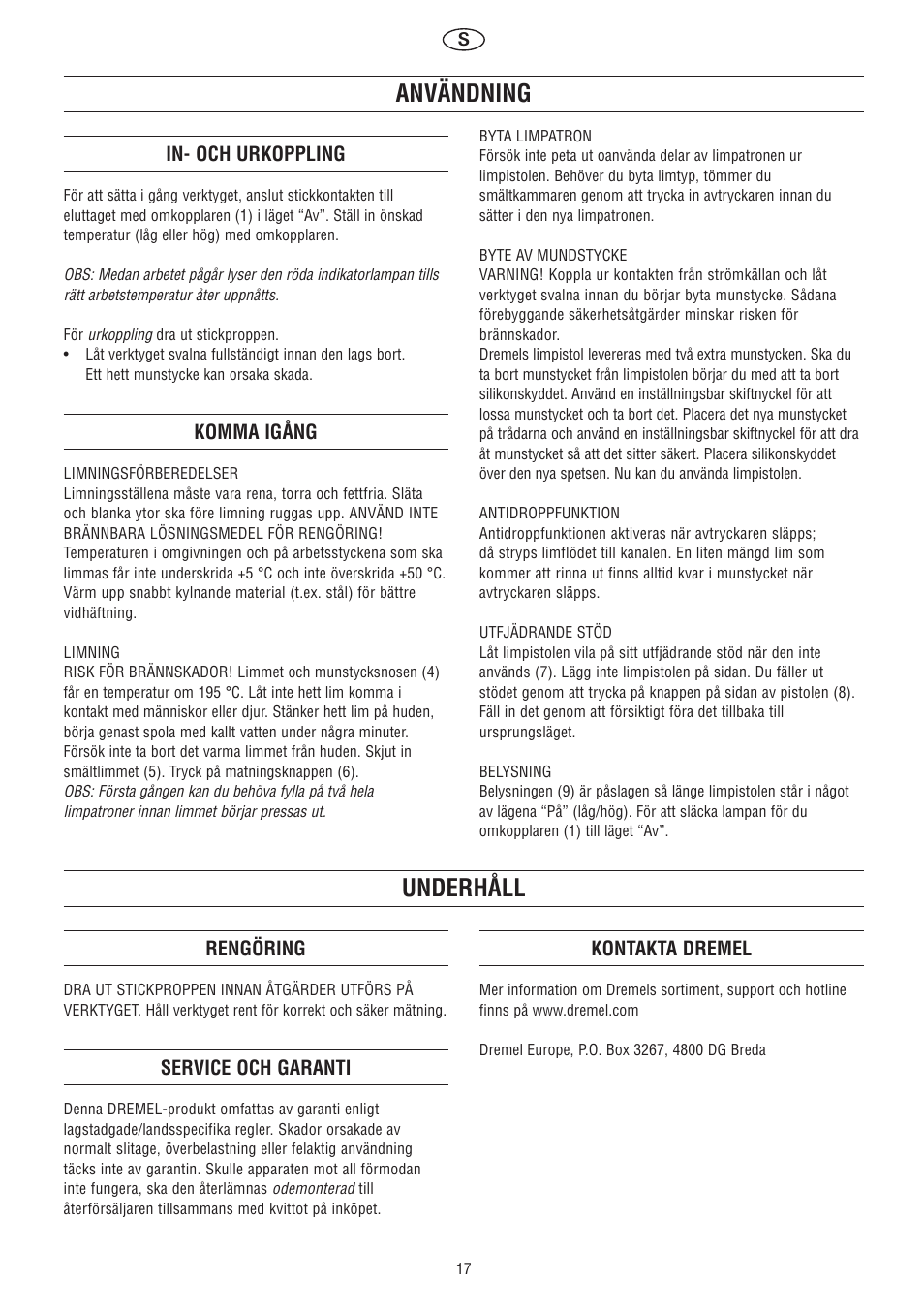 Användning, Underhåll | Dremel Клеевой пистолет DREMEL User Manual | Page 17 / 50