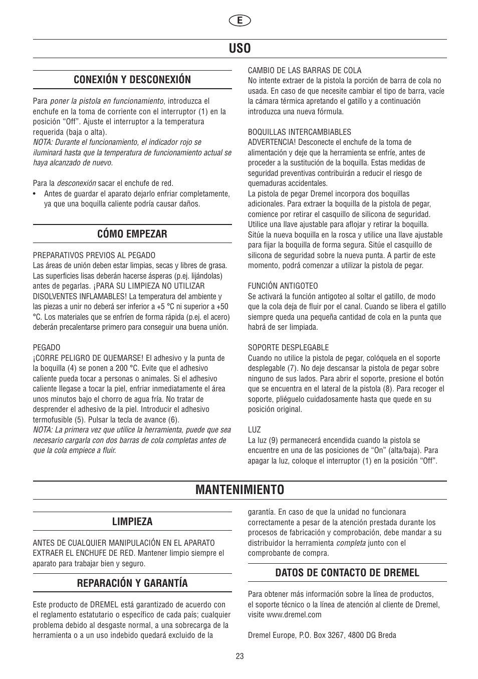 Mantenimiento | Dremel Клеевой пистолет DREMEL User Manual | Page 23 / 50