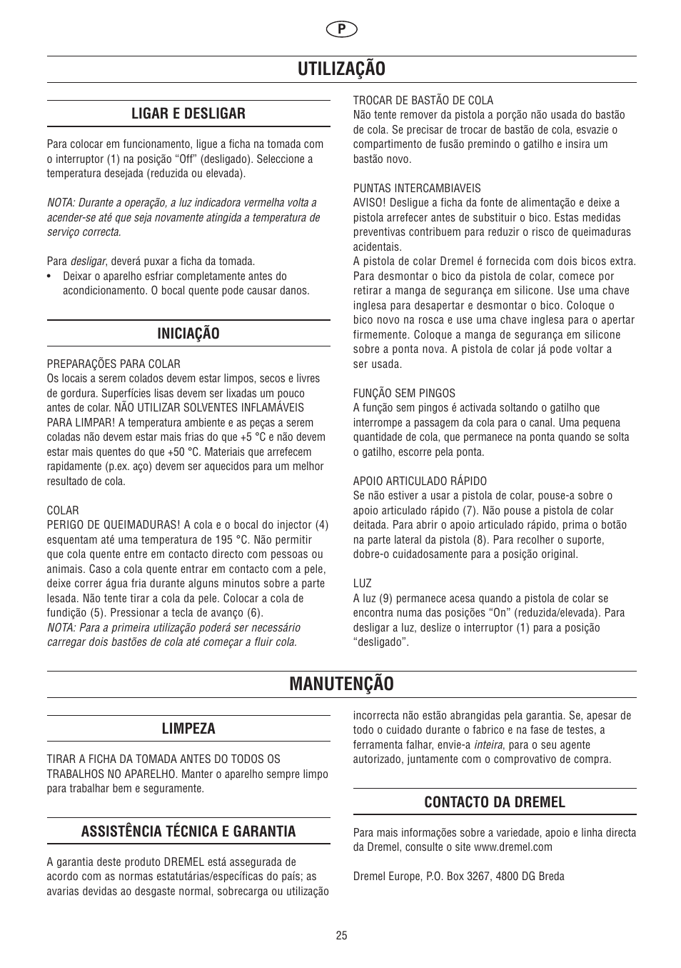 Utilização, Manutenção | Dremel Клеевой пистолет DREMEL User Manual | Page 25 / 50
